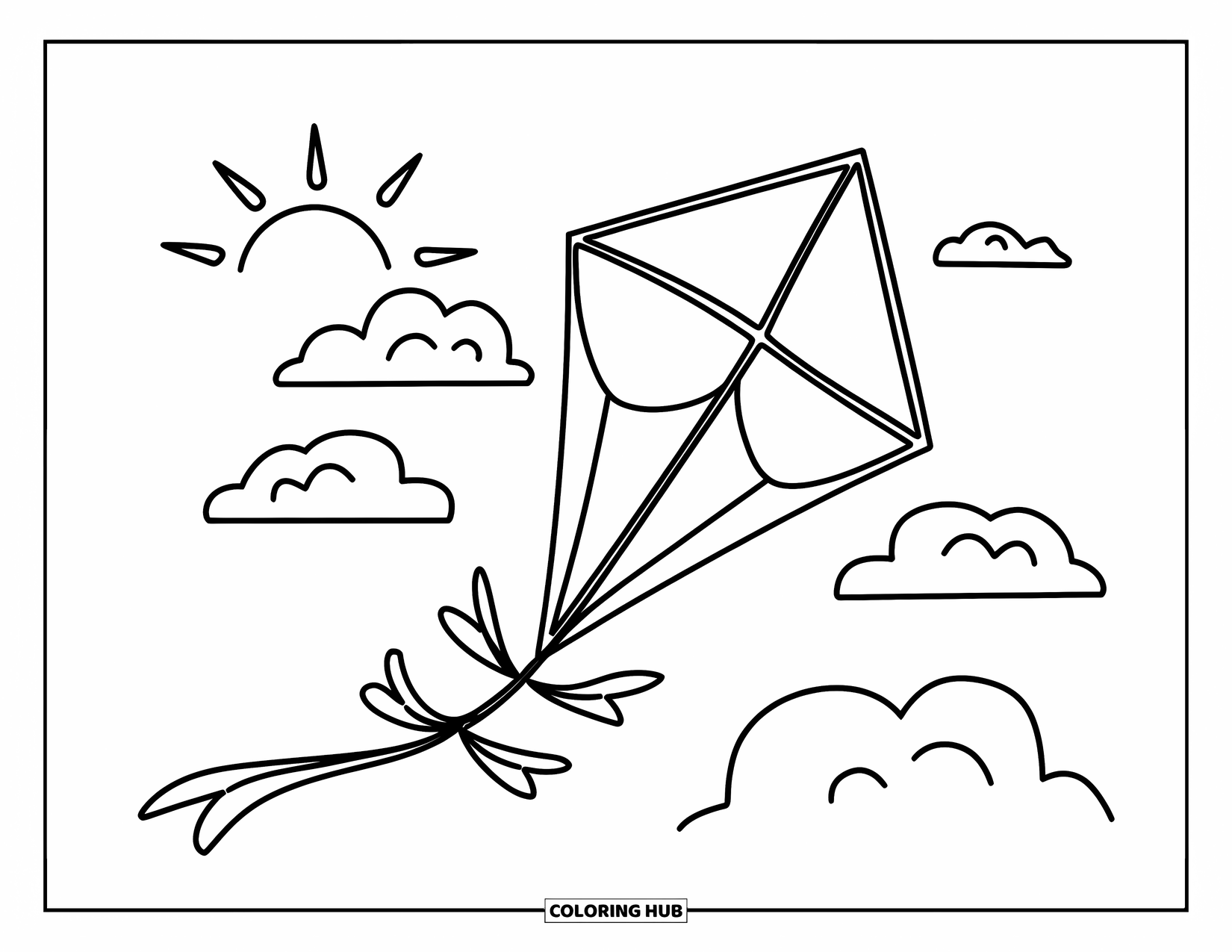 Lente Kleurplaat voor Kinderen: Een kleurrijke vlieger zweeft in de lucht met pluizige wolken en de zon die erdoorheen piept