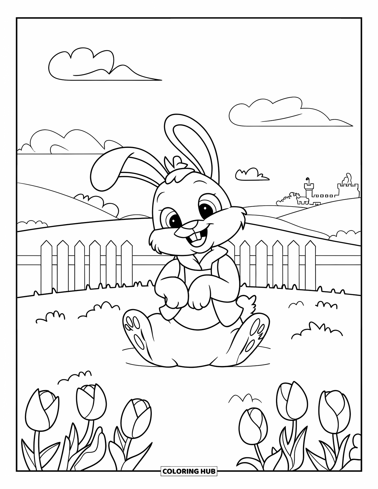 Lente Kleurplaat voor Kinderen: Een gezellig konijntje met een sjaal geniet van een vredige weide vol bloemen