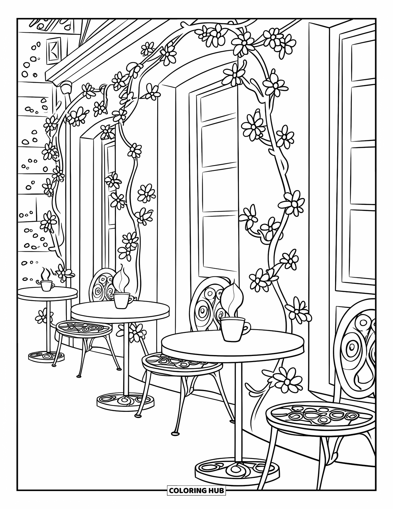 Lente Kleurplaat voor Kinderen: Een gezellig café met smeedijzeren tafels, warme thee en bloemen die langs de muren groeien