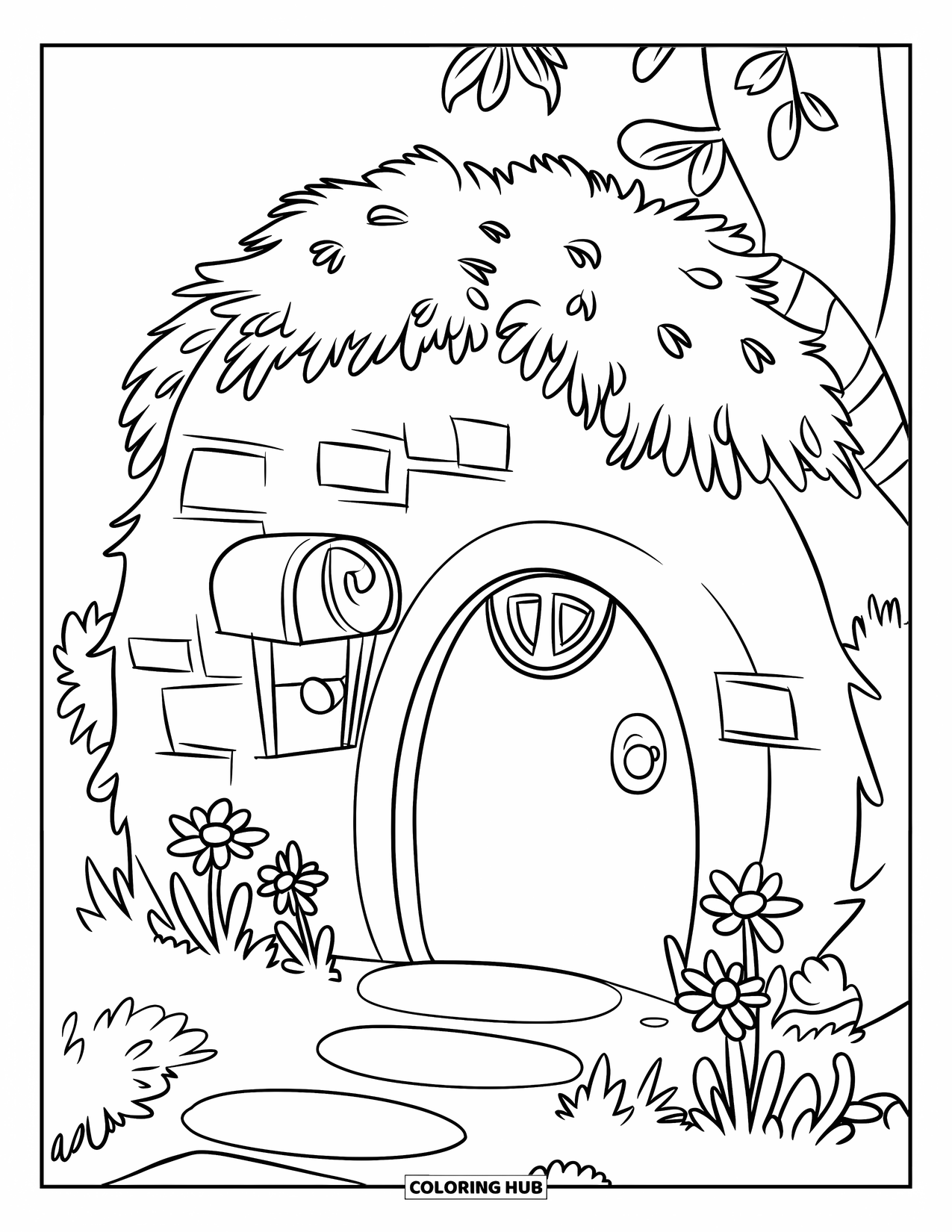 Lente Kleurplaat voor Kinderen: Een gezellige kleine holingang met een kleine brievenbus en bloemen die in de buurt groeien