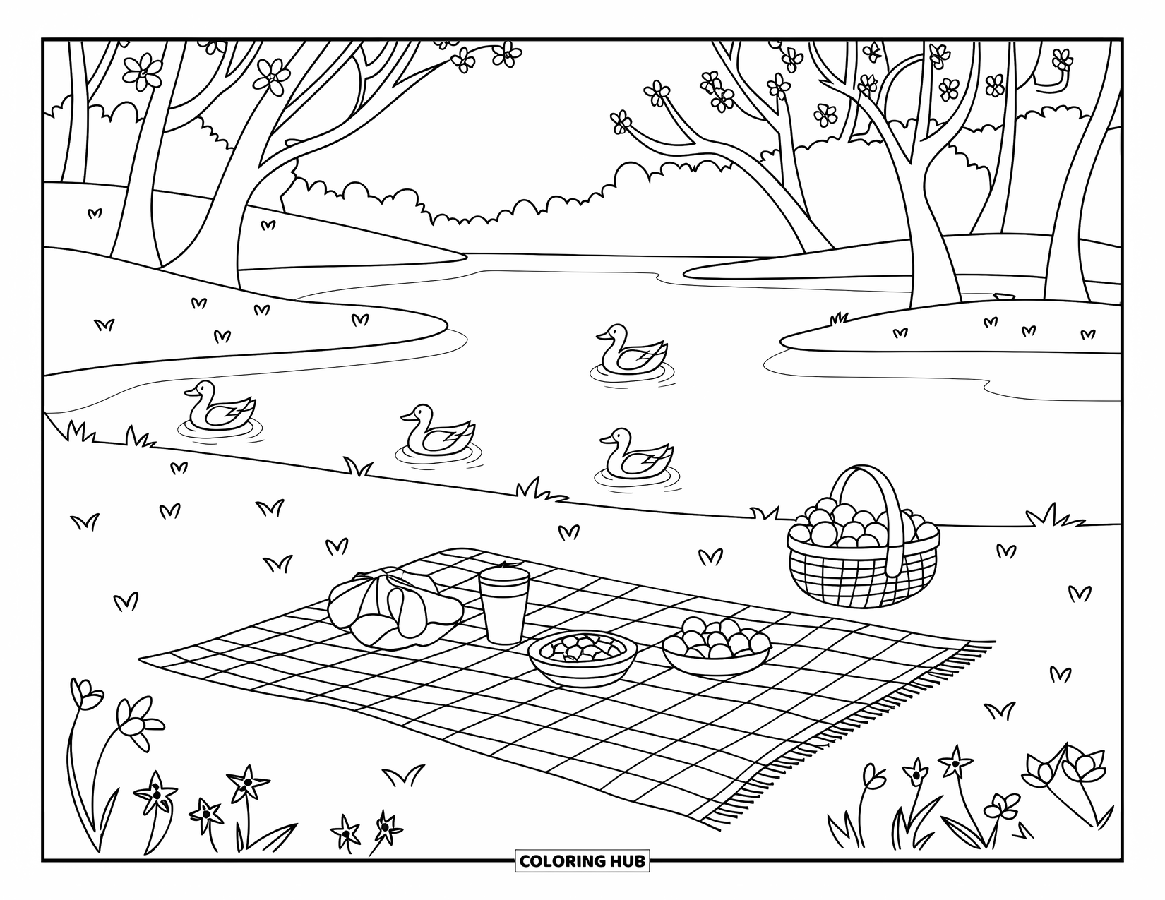 Lente Kleurplaat voor Kinderen: Een gezellige picknick aan het water met bloeiende bomen en eenden die in de buurt zwemmen