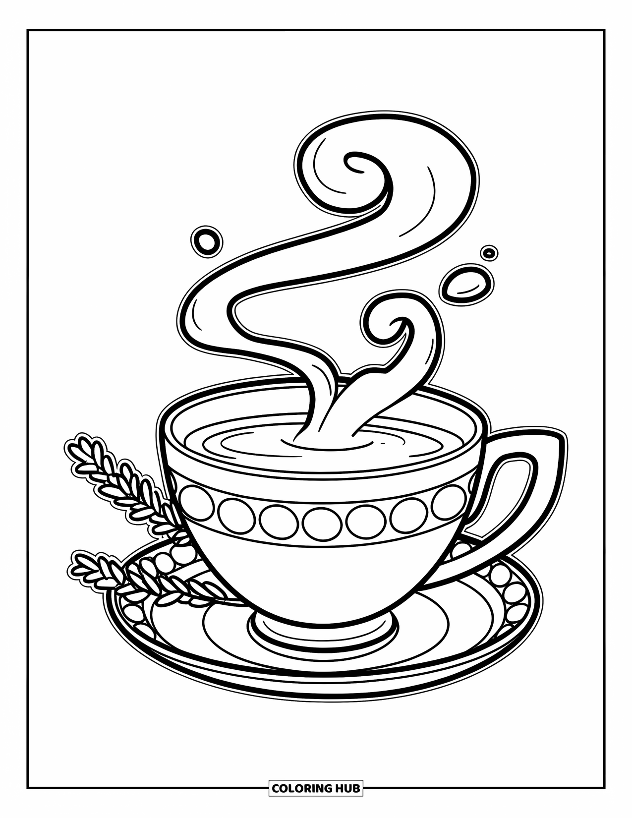 Lente Kleurplaat voor Kinderen: Een gezellig theekopje met stoomwervelingen en een takje lavendel rust op een schotel