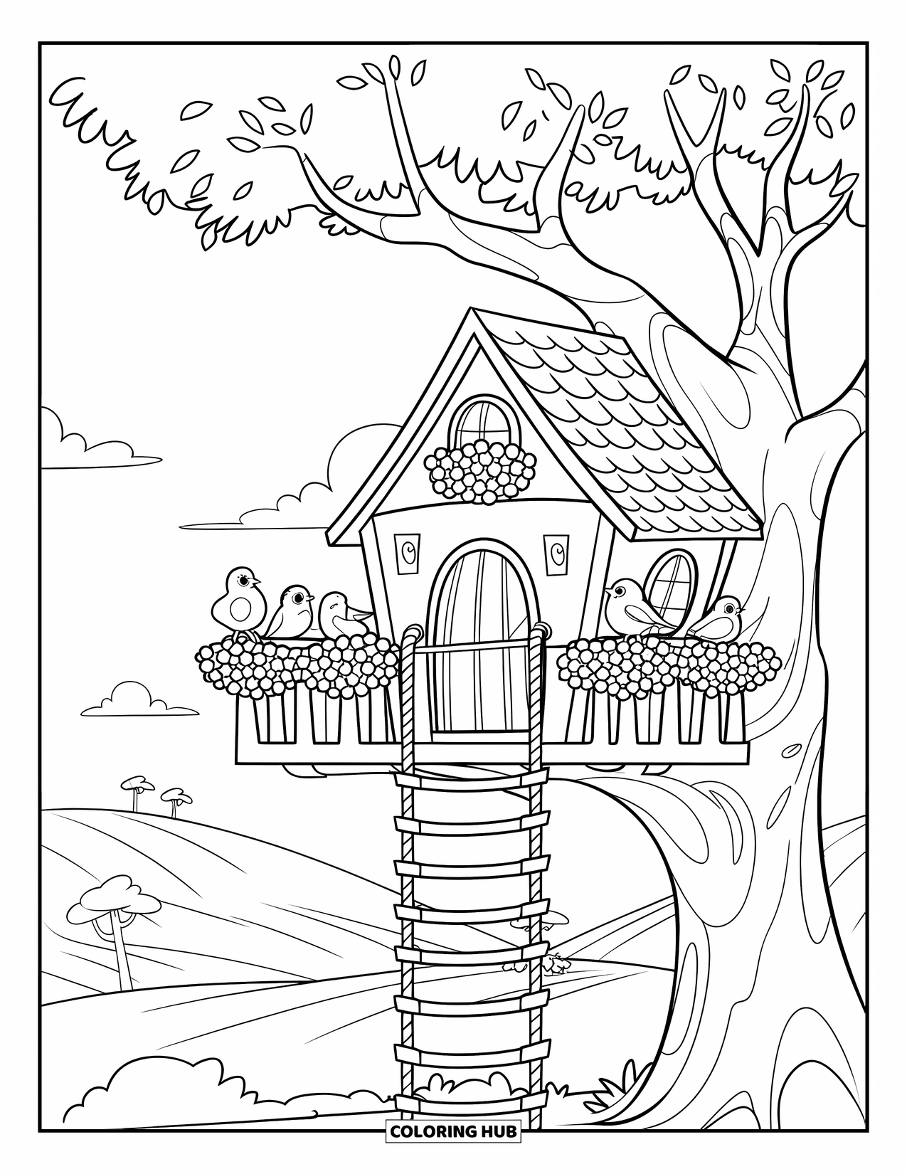 Lente Kleurplaat voor Kinderen: Een gezellig boomhuis met een touwladder, bloembakken en vogels op de reling
