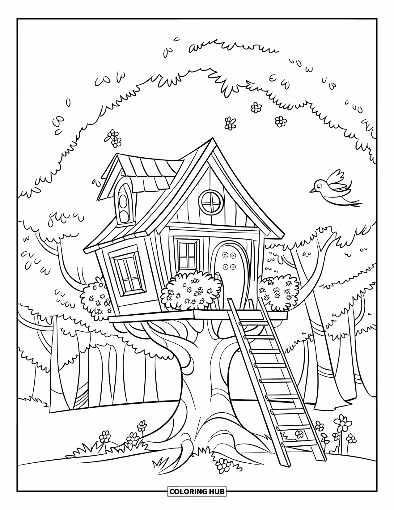 Lente Kleurplaat voor Kinderen: Een gezellig boomhuis met een houten ladder, omringd door vogels, bijen en bloesems