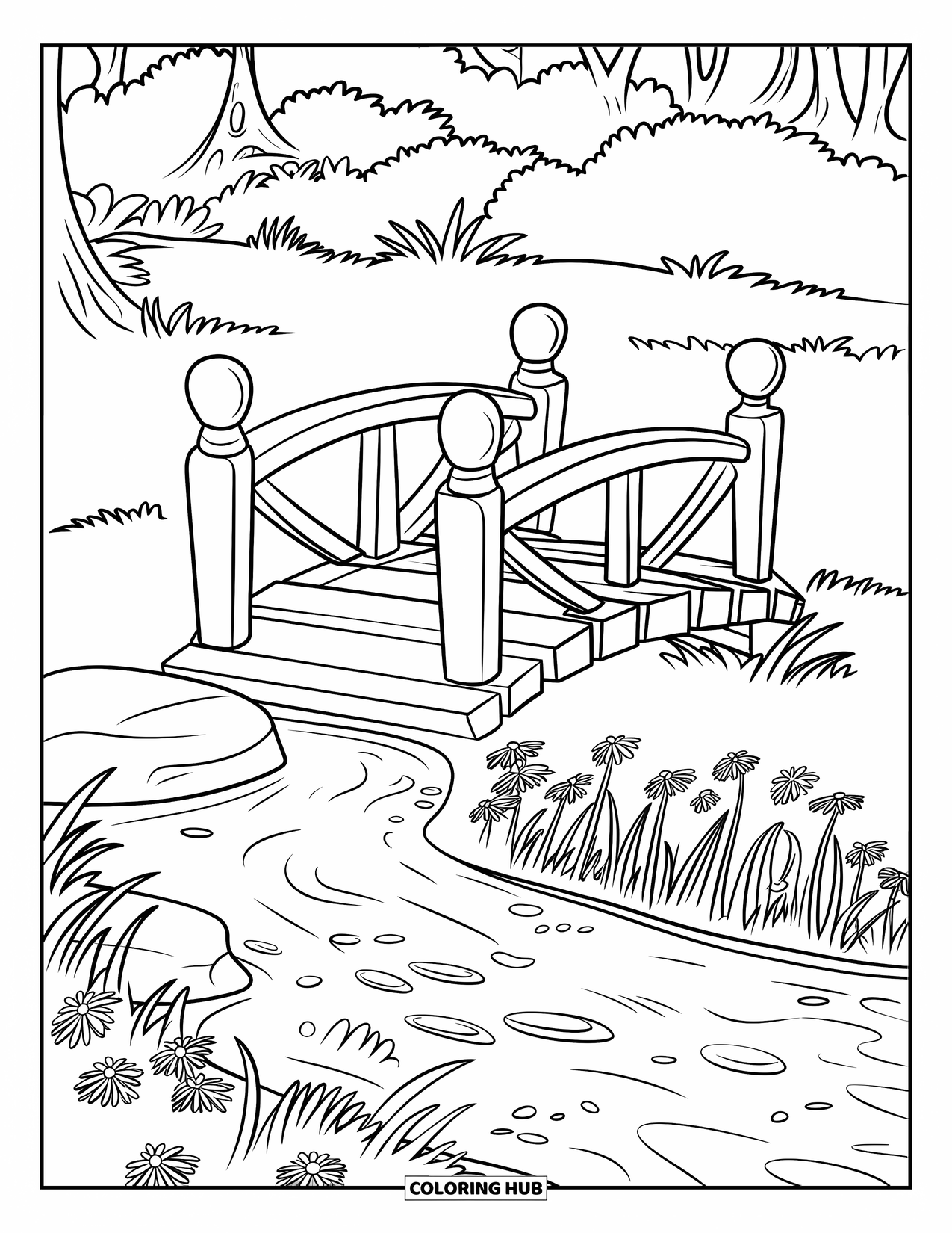 Lente Kleurplaat voor Kinderen: Een gezellige houten brug over een borrelende beek, omlijst door wilde bloemen en gras