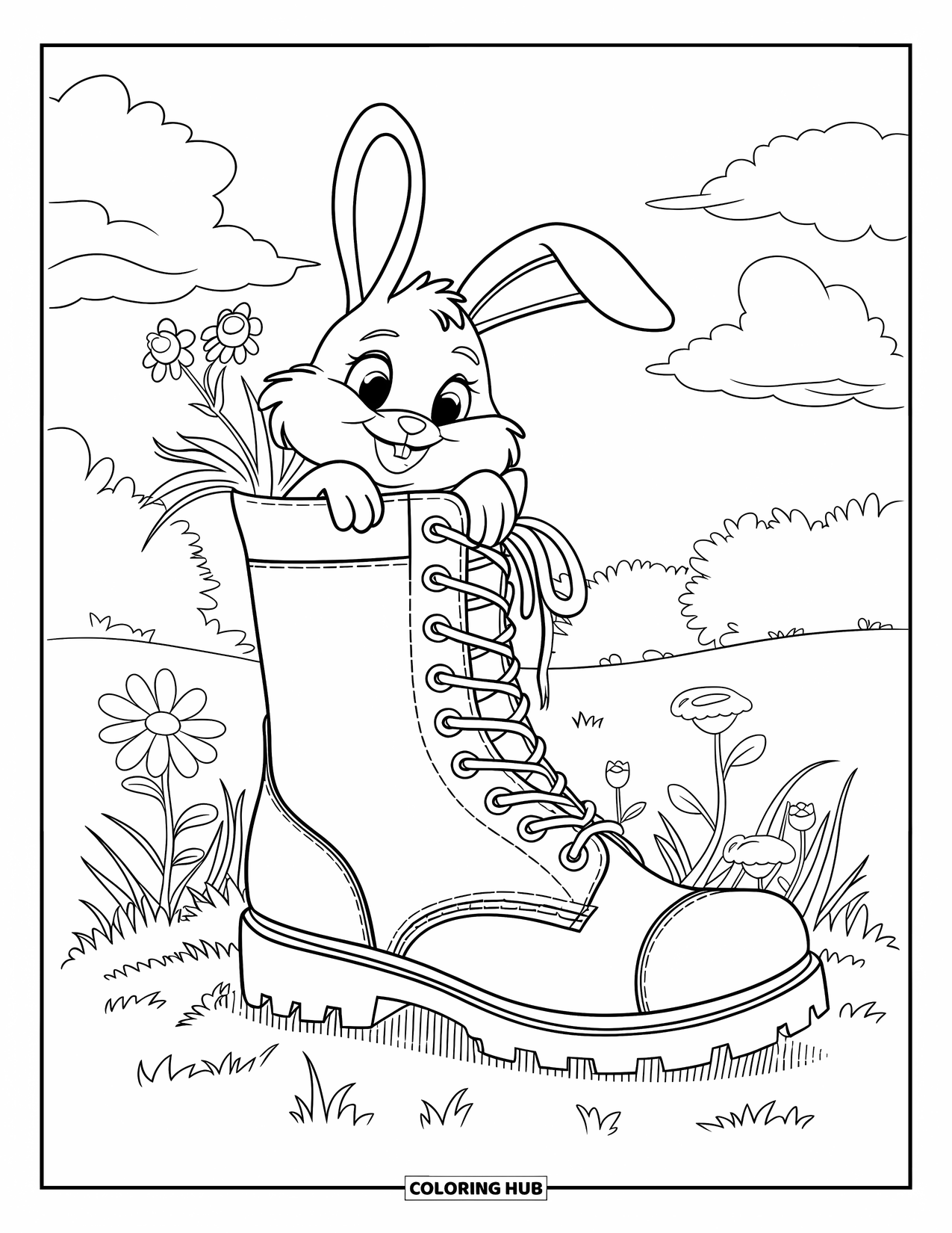 Lente Kleurplaat voor Kinderen: Een nieuwsgierig konijntje gluurt uit een laars, omringd door wilde bloemen