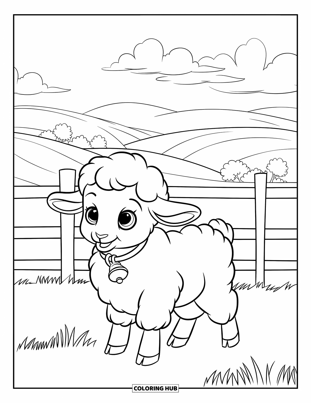 Lente Kleurplaat voor Kinderen: Een nieuwsgierig lam staat bij een houten hek, zijn belletje rinkelt zachtjes