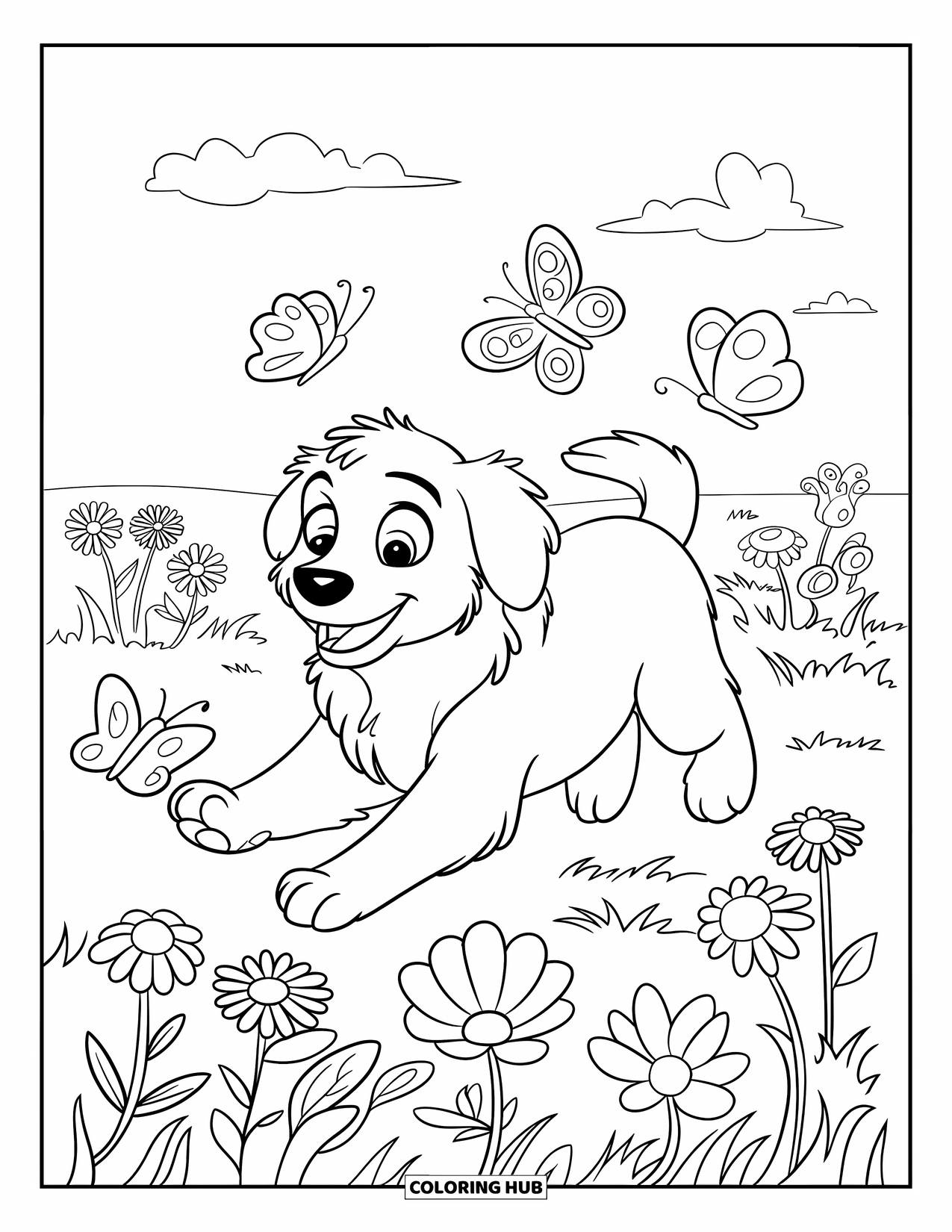 Lente Kleurplaat voor Kinderen: Een nieuwsgierige puppy rent door een grasveld en jaagt op kleurrijke vlinders
