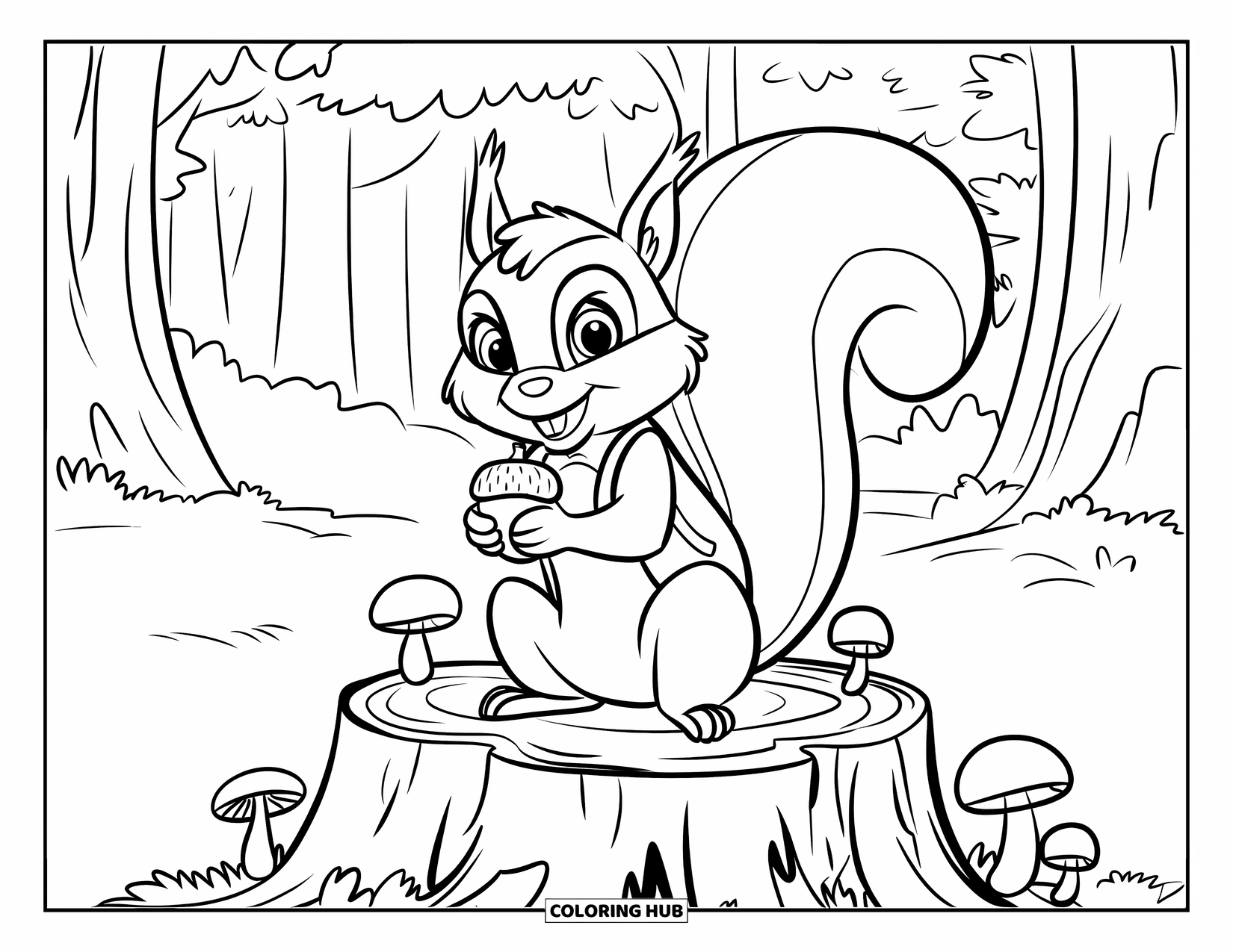 Lente Kleurplaat voor Kinderen: Een schattige eekhoorn met een klein vest zit op een stronk, omringd door paddenstoelen