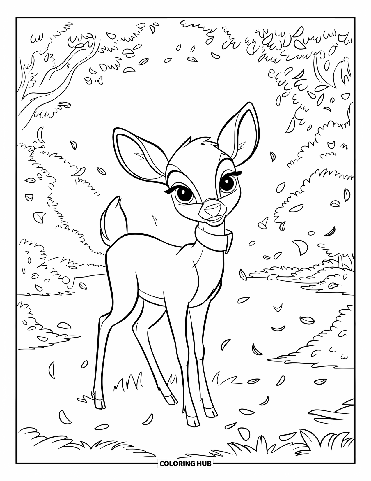 Lente Kleurplaat voor Kinderen: Een hert met expressieve ogen staat in een vredige open plek terwijl bloemblaadjes in de lucht zweven