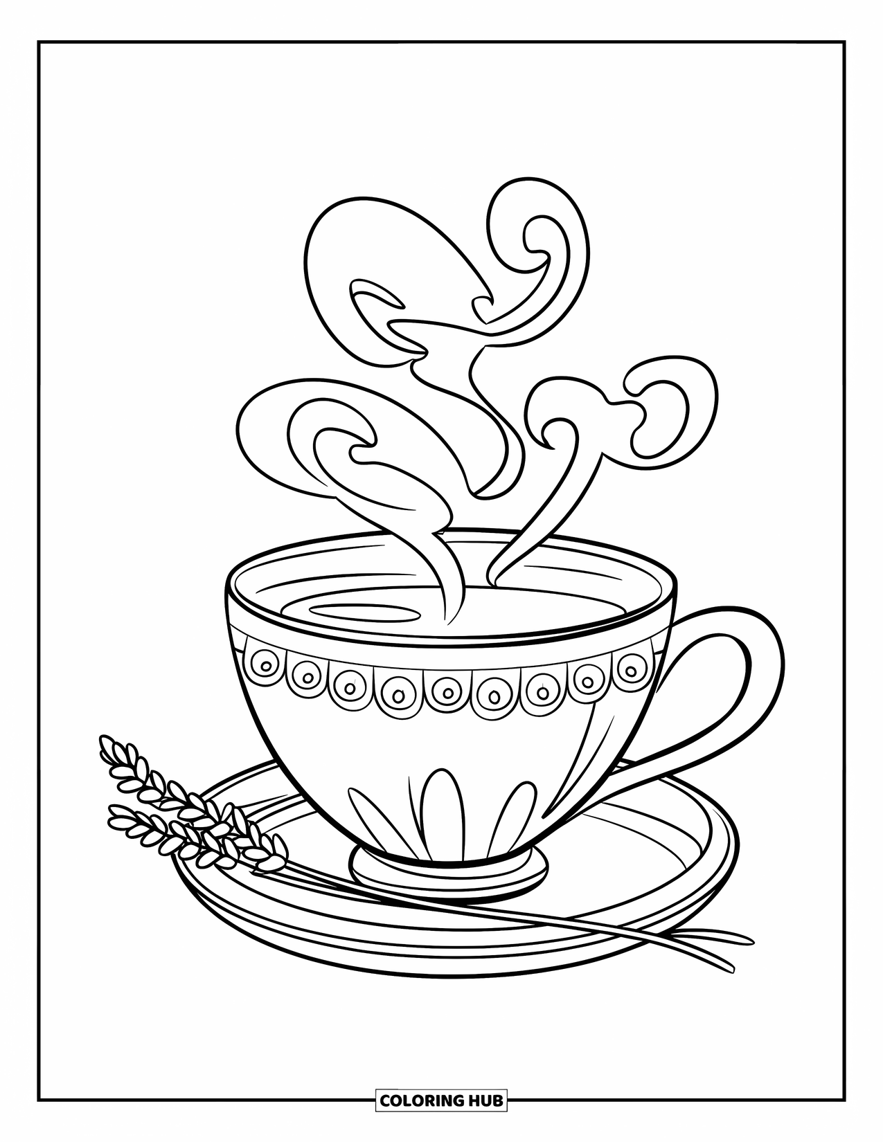 Lente Kleurplaat voor Kinderen: Een delicaat theekopje met zachte stoomwervelingen, zittend naast geurige lavendel