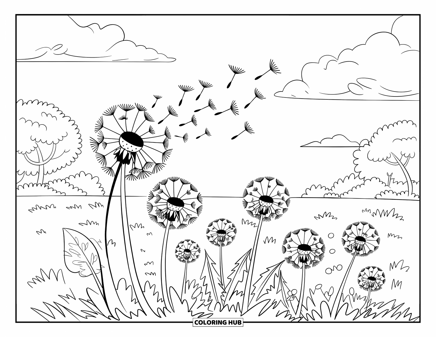 Lente Kleurplaat voor Kinderen: Een veld met paardenbloemen zwaait terwijl hun zaden de lucht in zweven