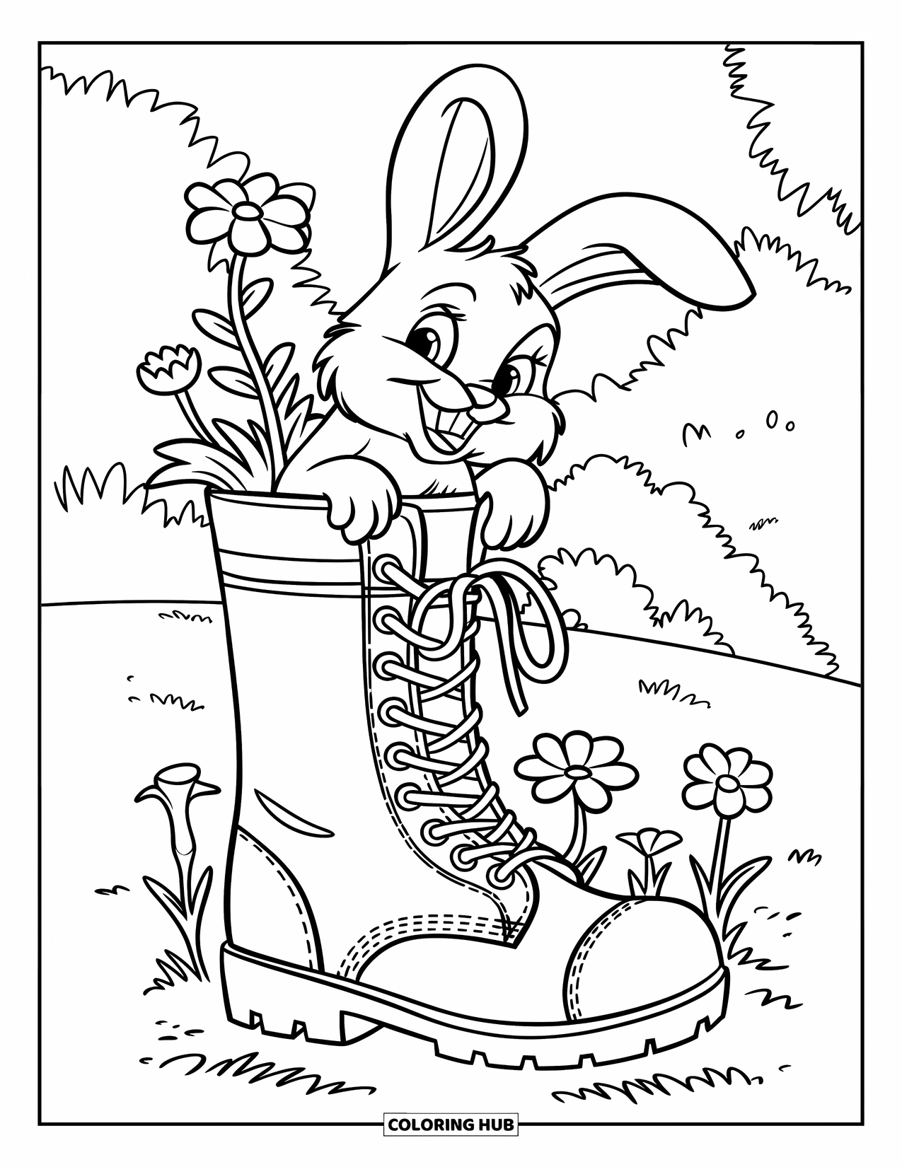Lente Kleurplaat voor Kinderen: Een wollig konijntje gluurt uit een hoge laars gevuld met bloemen