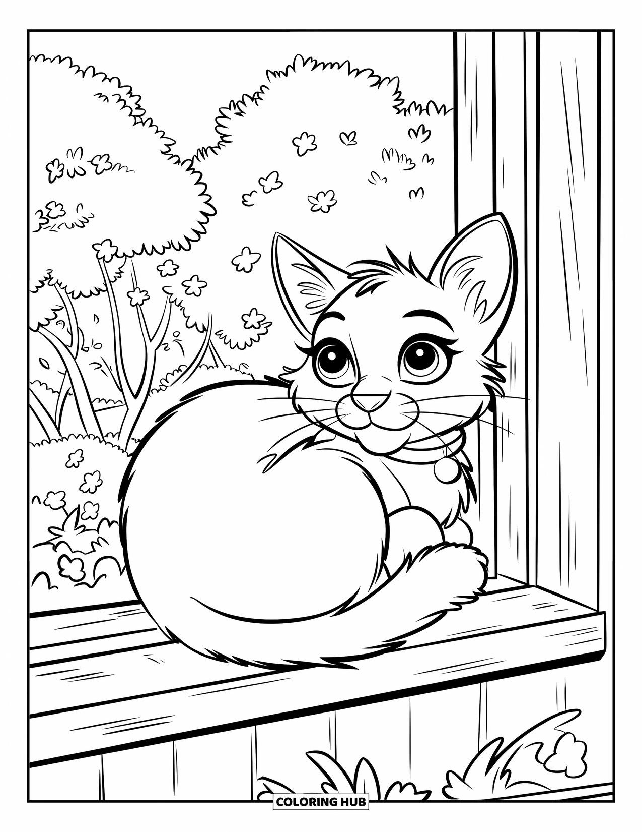 Lente Kleurplaat voor Kinderen: Een wollige kat krult zich op op een vensterbank en kijkt naar bloeiende bomen buiten