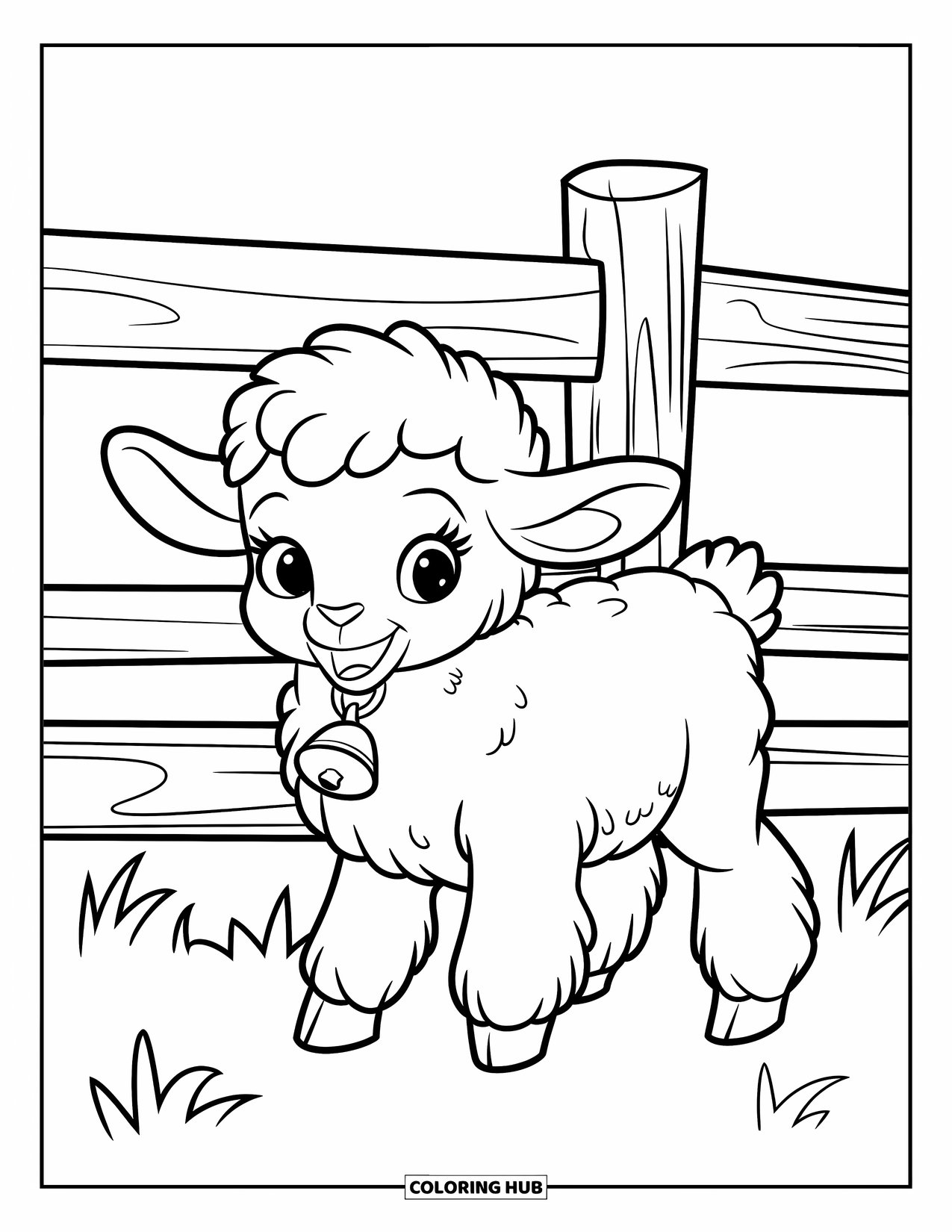 Lente Kleurplaat voor Kinderen: Een wollig lammetje met een klein belletje staat bij een houten boerderijhek