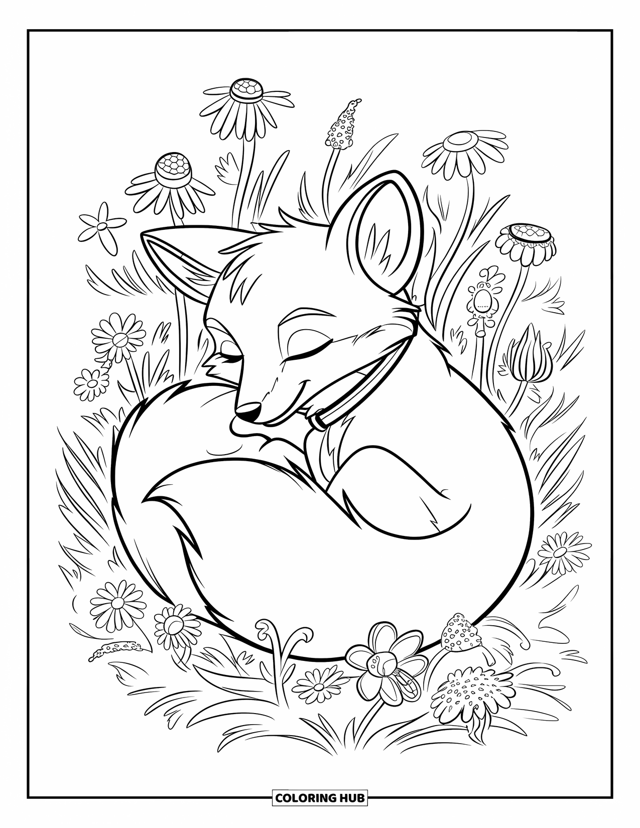 Lente Kleurplaat voor Kinderen: Een vos krult zich op tussen wilde bloemen en rust vredig in het warme zonlicht
