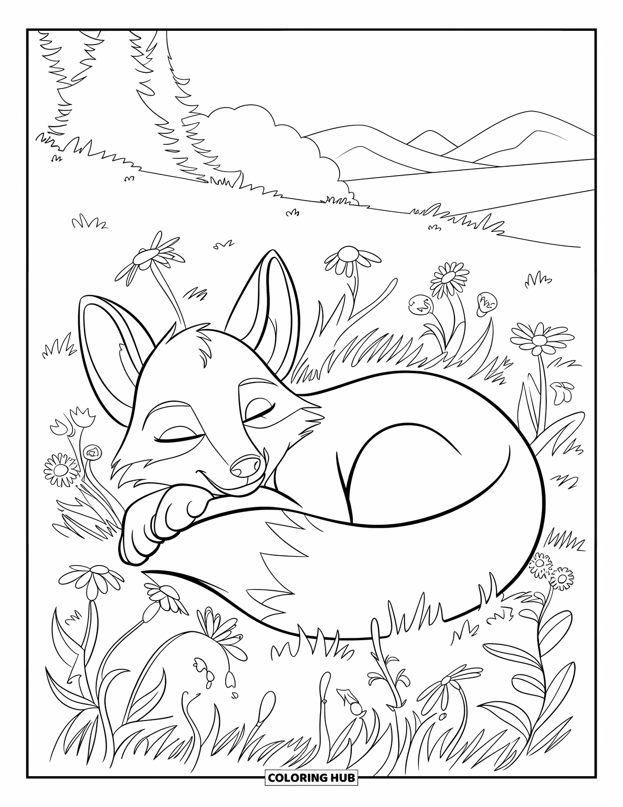 Lente Kleurplaat voor Kinderen: Een vos met gesloten ogen rust in een weide met bloeiende wilde bloemen