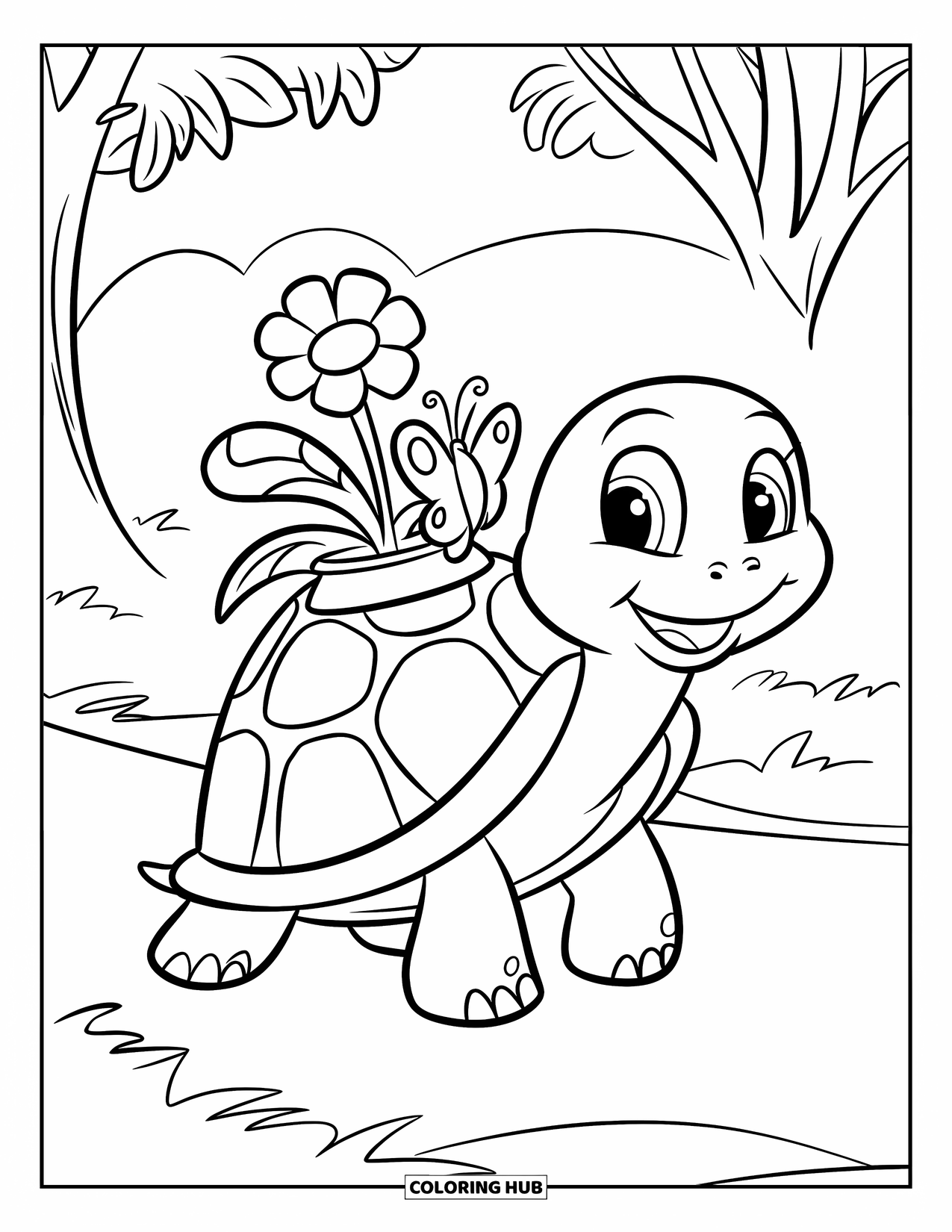 Lente Kleurplaat voor Kinderen: Een vriendelijke schildpad draagt een kleine bloempot terwijl hij door het park loopt