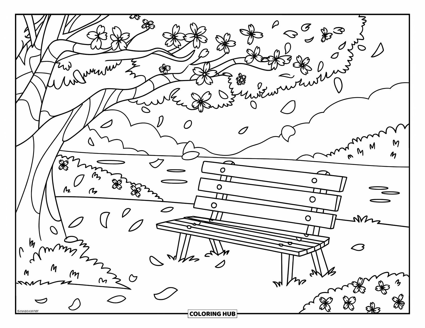 Lente Kleurplaat voor Kinderen: Een tuinbank onder een kersenbloesemboom, met blaadjes die in de wind dwarrelen