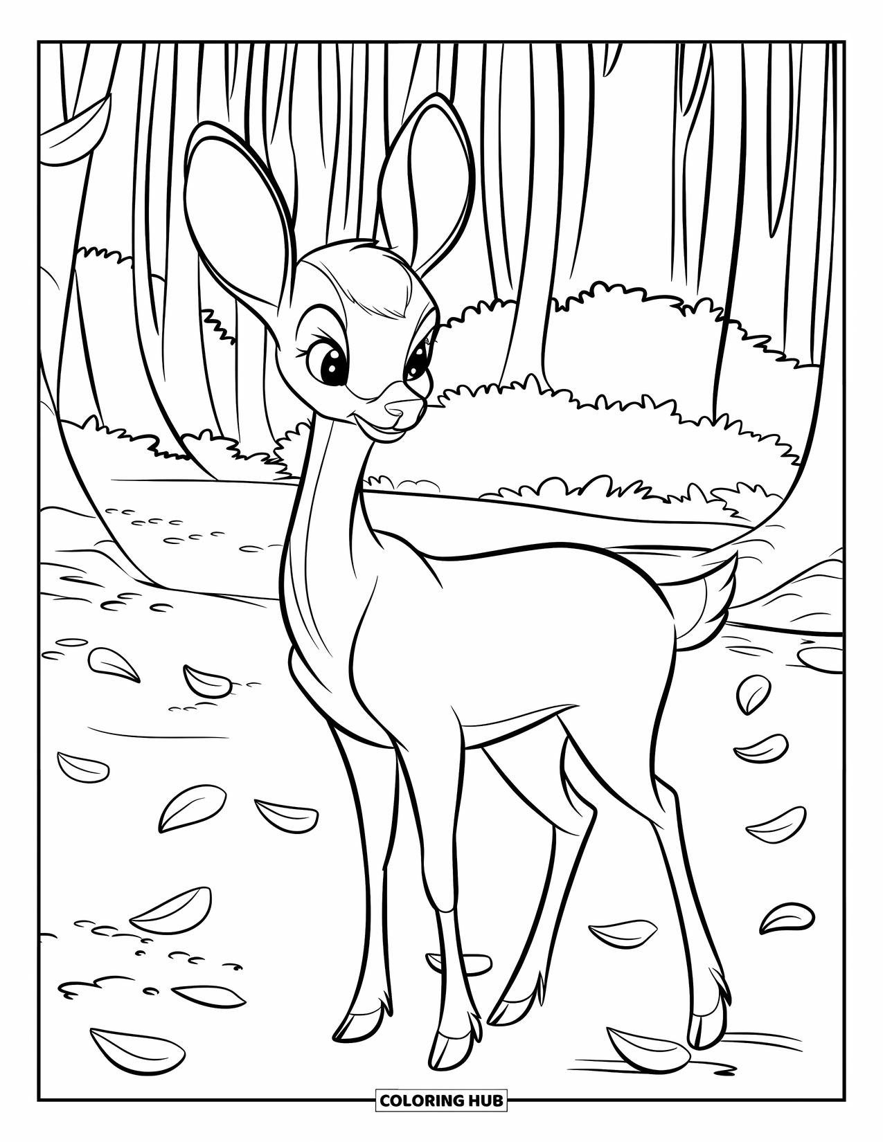 Lente Kleurplaat voor Kinderen: Een zachtaardig hert staat in een zonovergoten open plek, omringd door zwevende bloemblaadjes