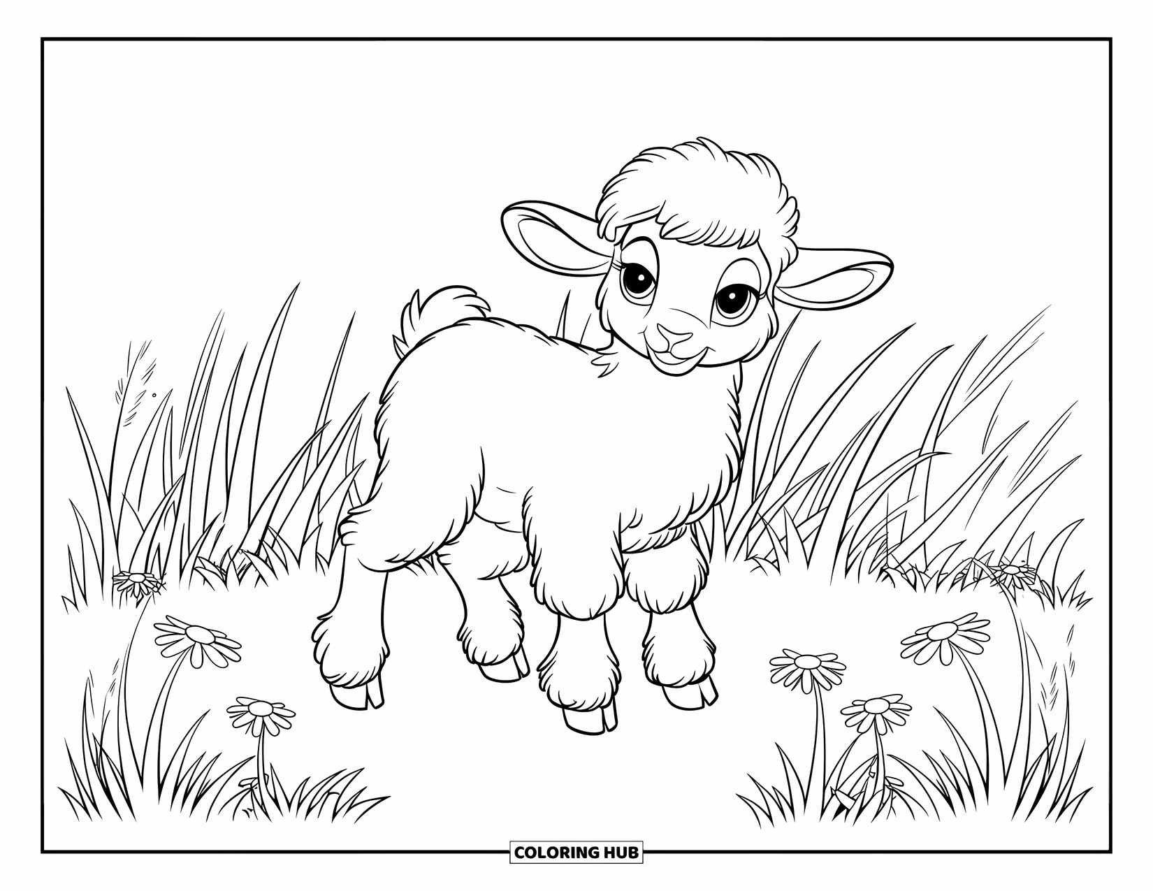 Lente Kleurplaat voor Kinderen: Een zacht lammetje met zachte wol staat in een grasveld bezaaid met wilde bloemen