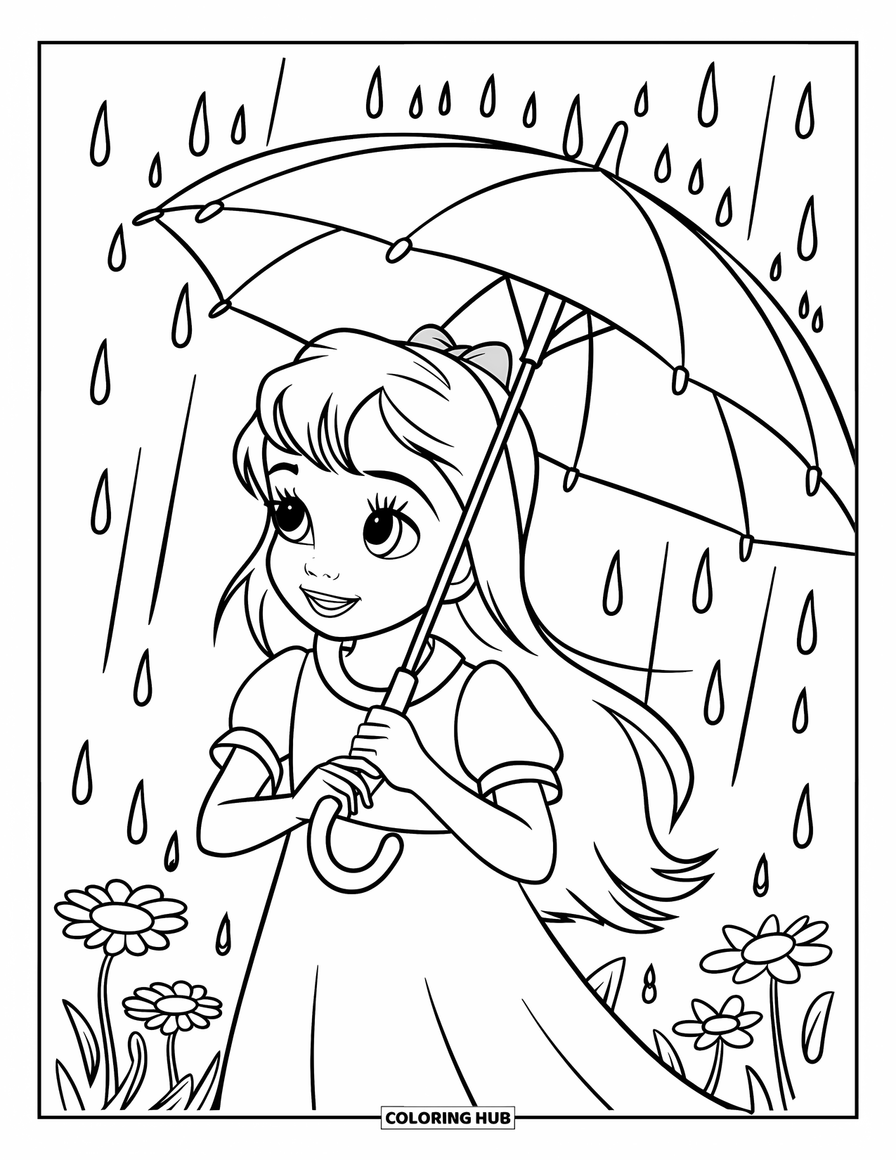 Lente Kleurplaat voor Kinderen: Een meisje geniet van een lichte lentebui, haar paraplu houdt haar droog