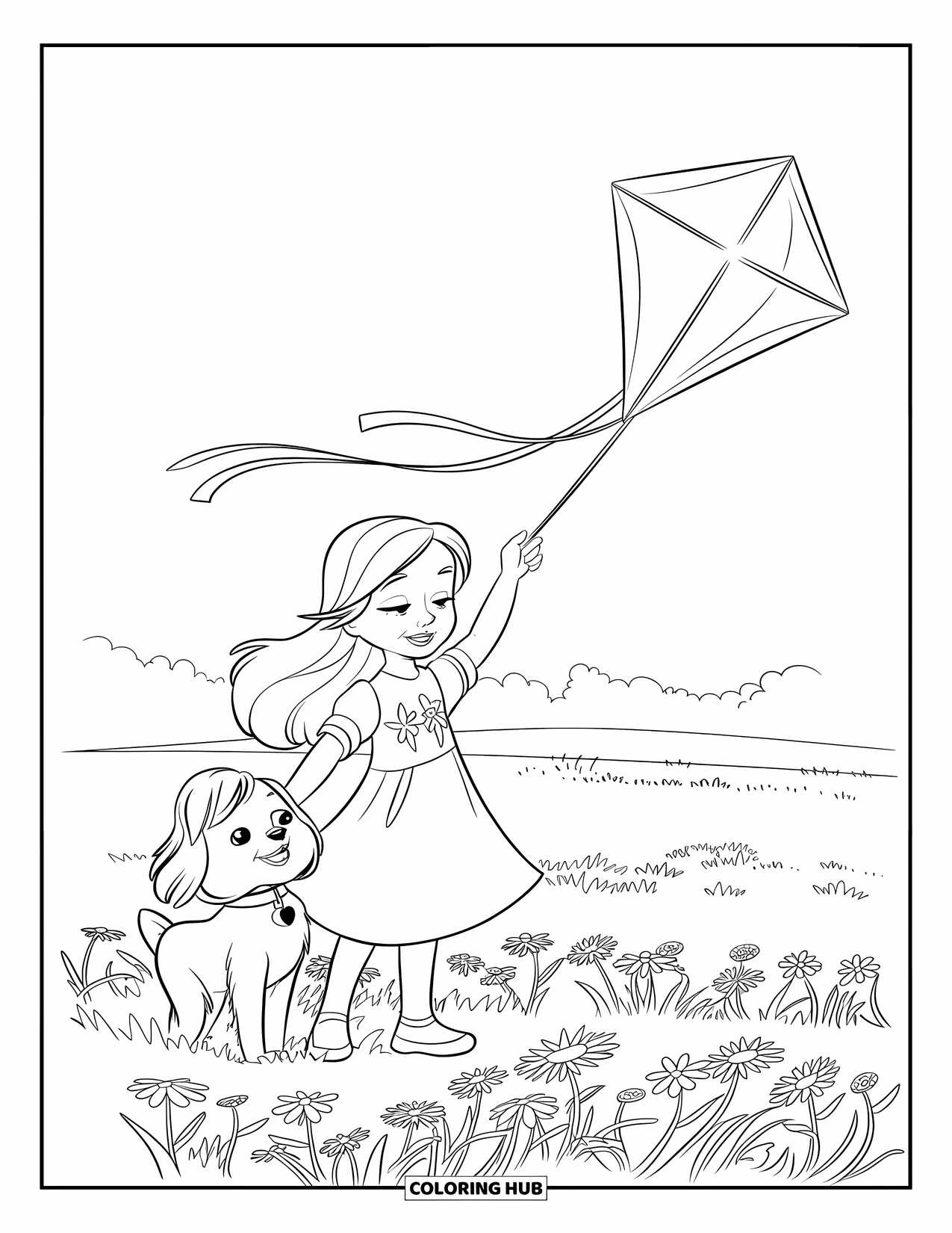 Lente Kleurplaat voor Kinderen: Een meisje lacht terwijl ze een vlieger oplaat met haar hond in een uitgestrekt, open veld