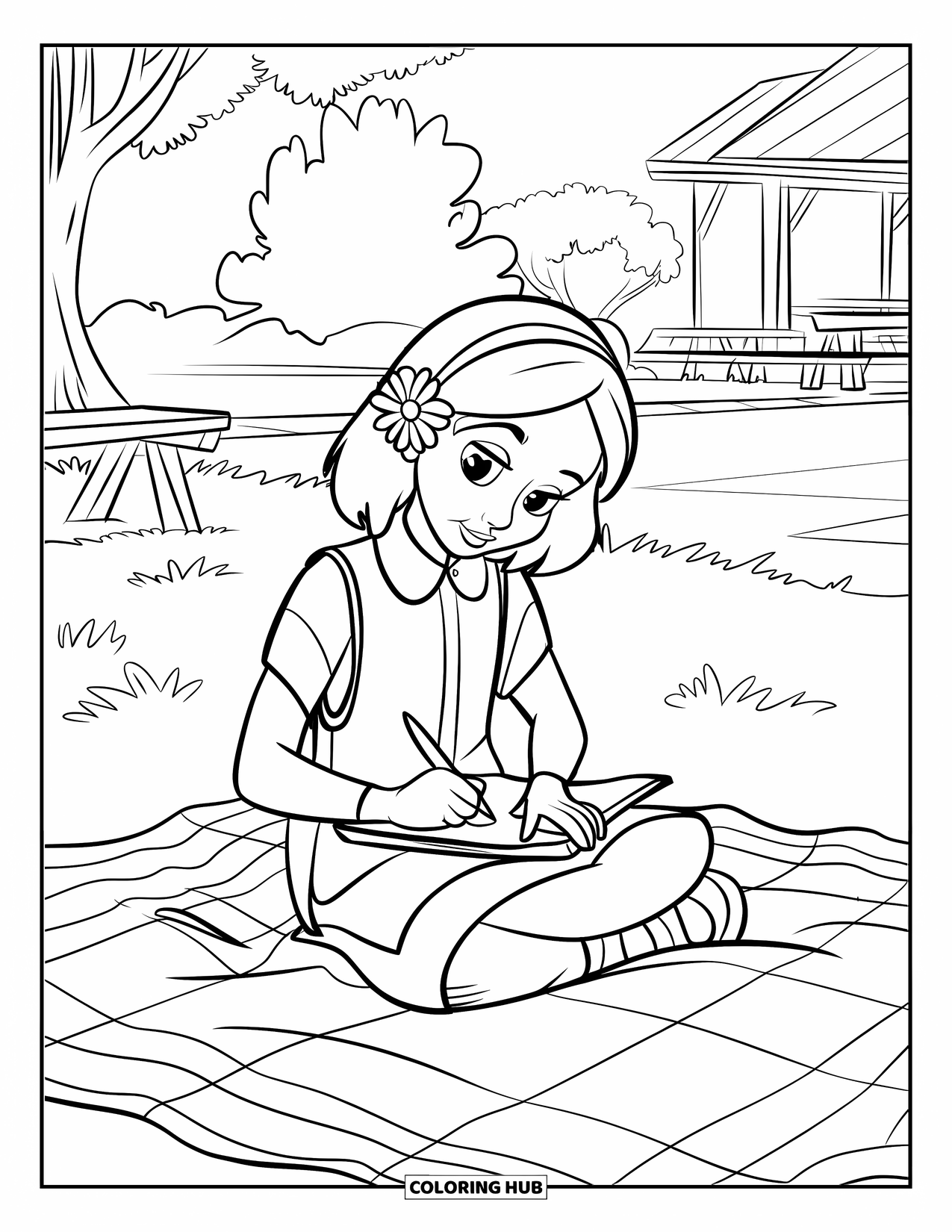 Lente Kleurplaat voor Kinderen: Een meisje schetst vredig op een picknickkleed omringd door bomen en zacht gras