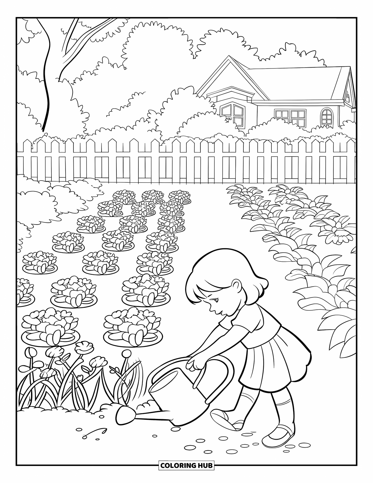 Lente Kleurplaat voor Kinderen: Een meisje plant zaden in een zonnige tuin vol bloemen en een wit hek