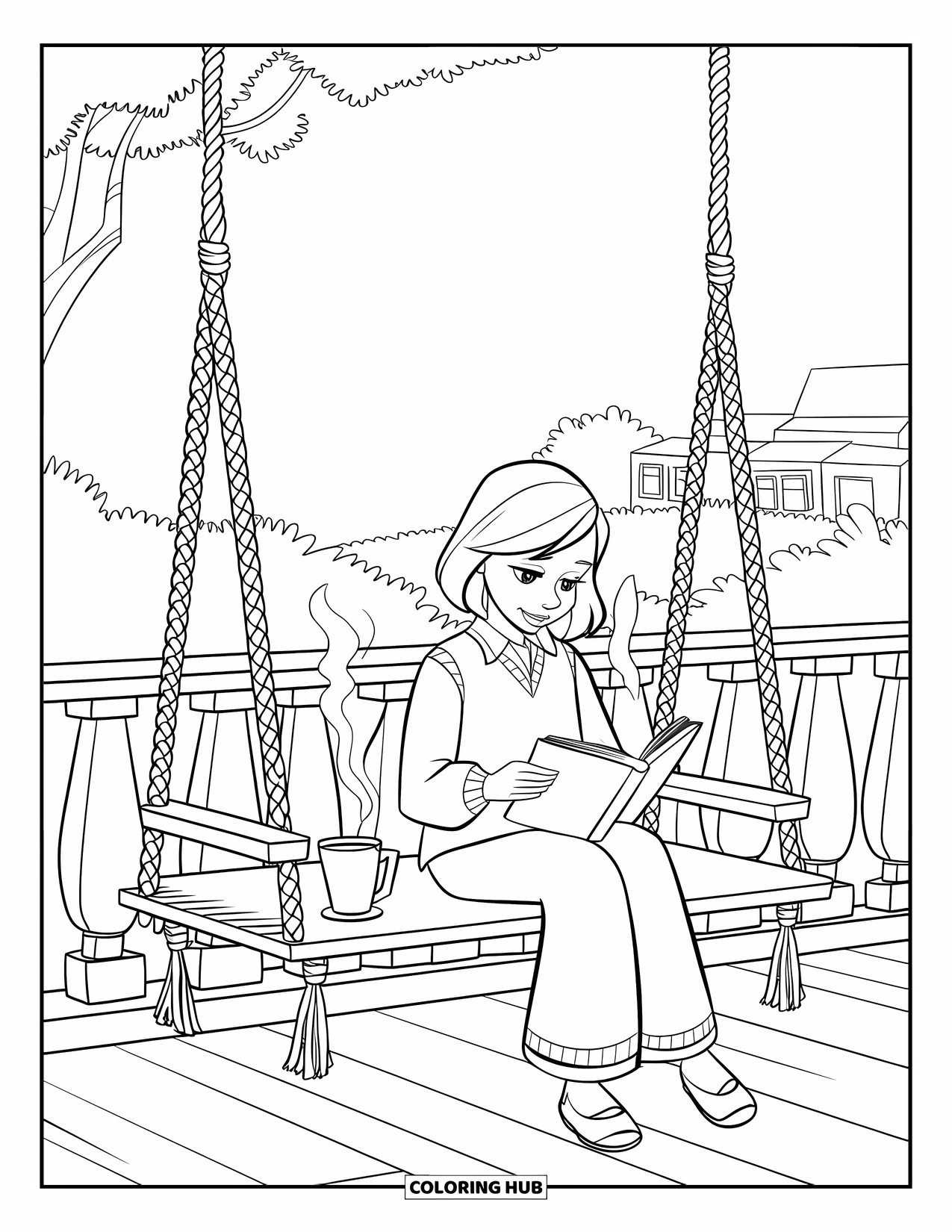 Lente Kleurplaat voor Kinderen: Een meisje leest op een gezellige macramé schommel met een warme kop thee naast haar