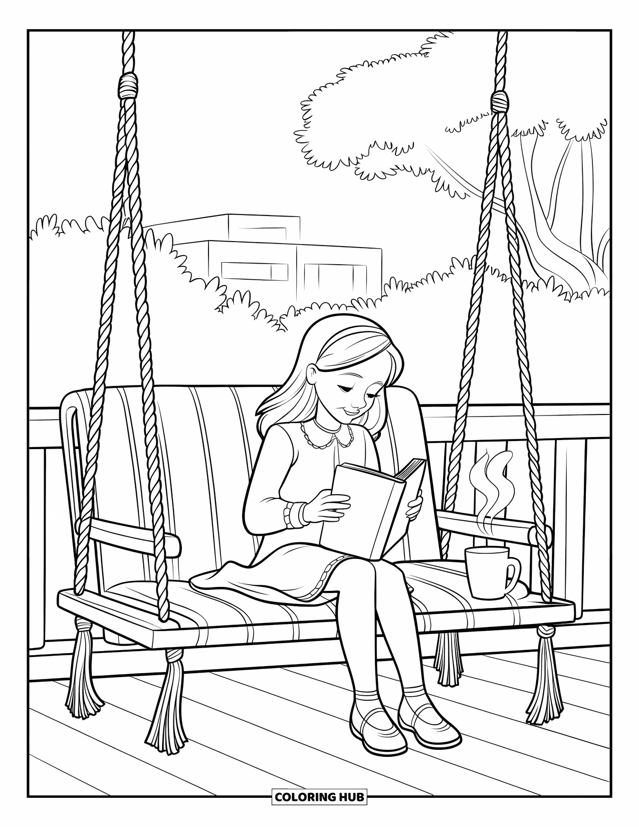 Lente Kleurplaat voor Kinderen: Een meisje ontspant op een schommelstoel op de veranda en leest een boek met thee in de buurt