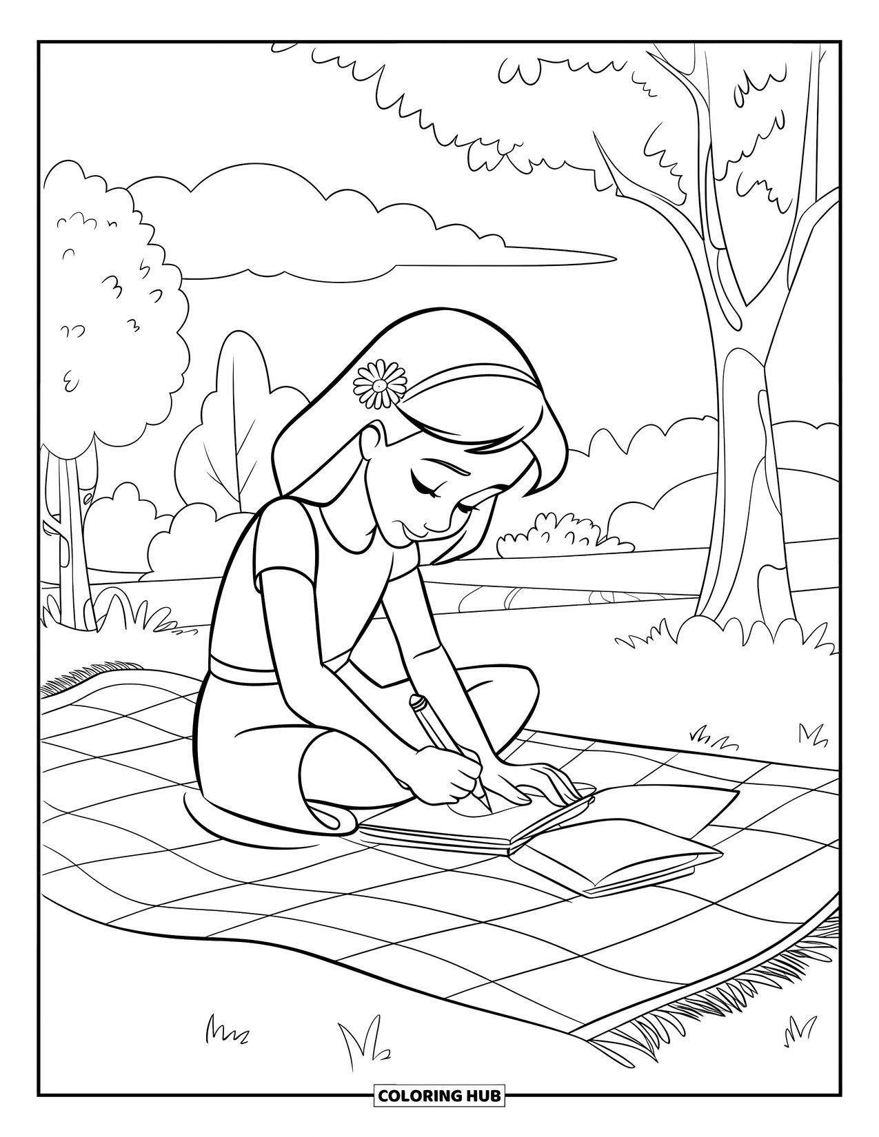 Lente Kleurplaat voor Kinderen: Een meisje met een bloem in haar haar schetst op een picknickkleed onder een schaduwrijke boom