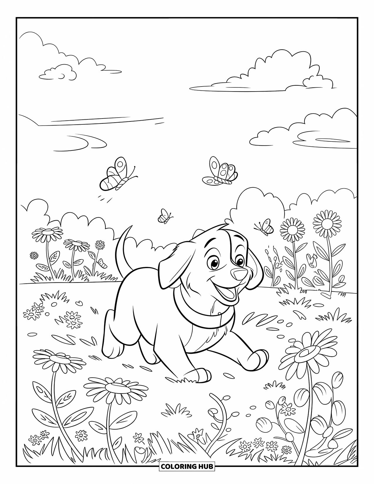 Lente Kleurplaat voor Kinderen: Een golden retriever puppy speelt vrolijk tussen vlinders en wilde bloemen