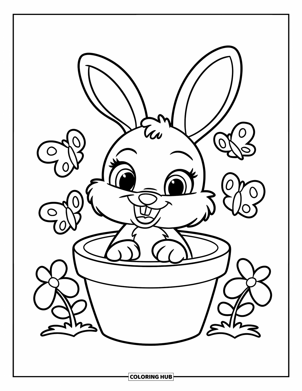 Lente Kleurplaat voor Kinderen: Een vrolijk konijntje gluurt uit een bloempot, met vlinders die in de buurt vliegen