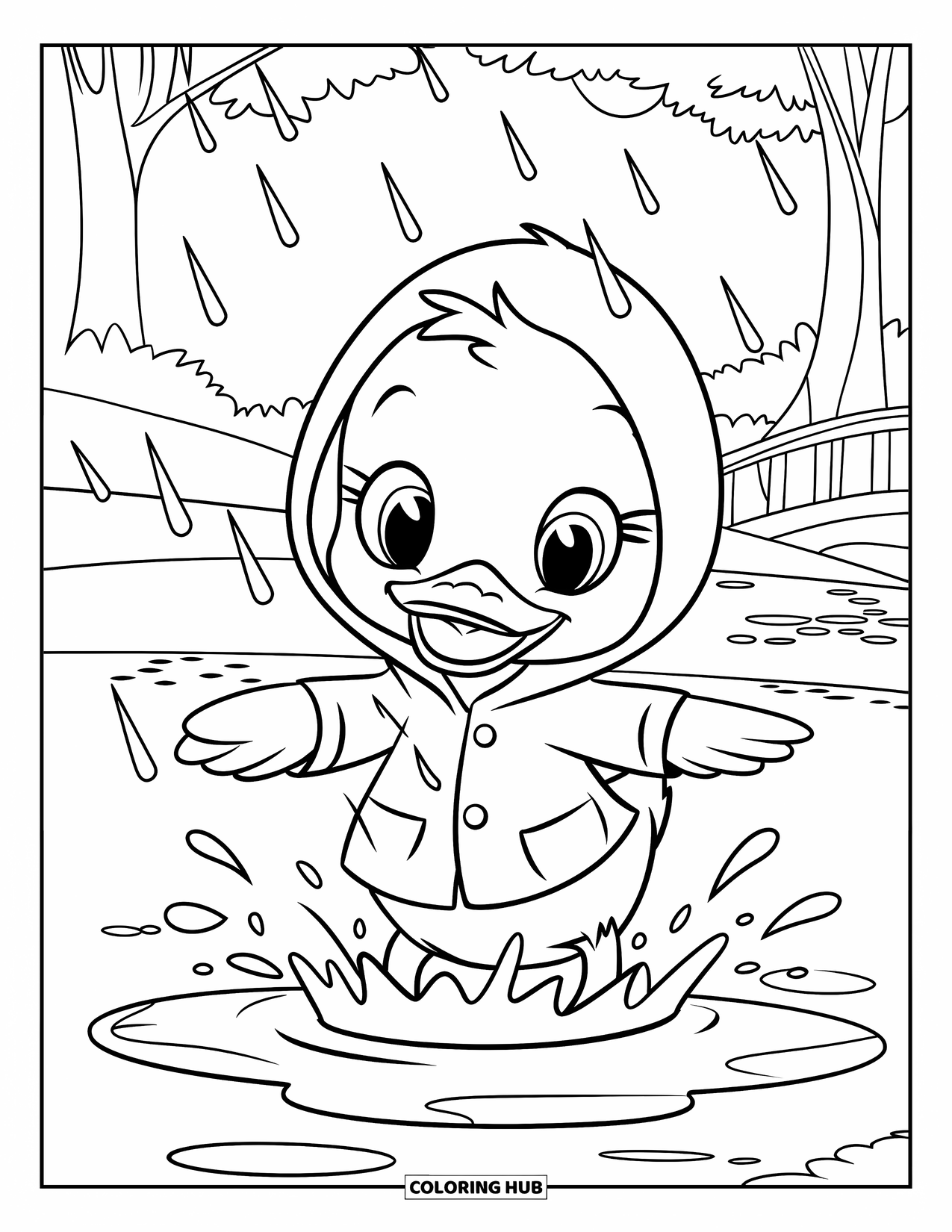 Lente Kleurplaat voor Kinderen: Een vrolijk eendje spettert in een plas terwijl er regendruppels om hem heen vallen