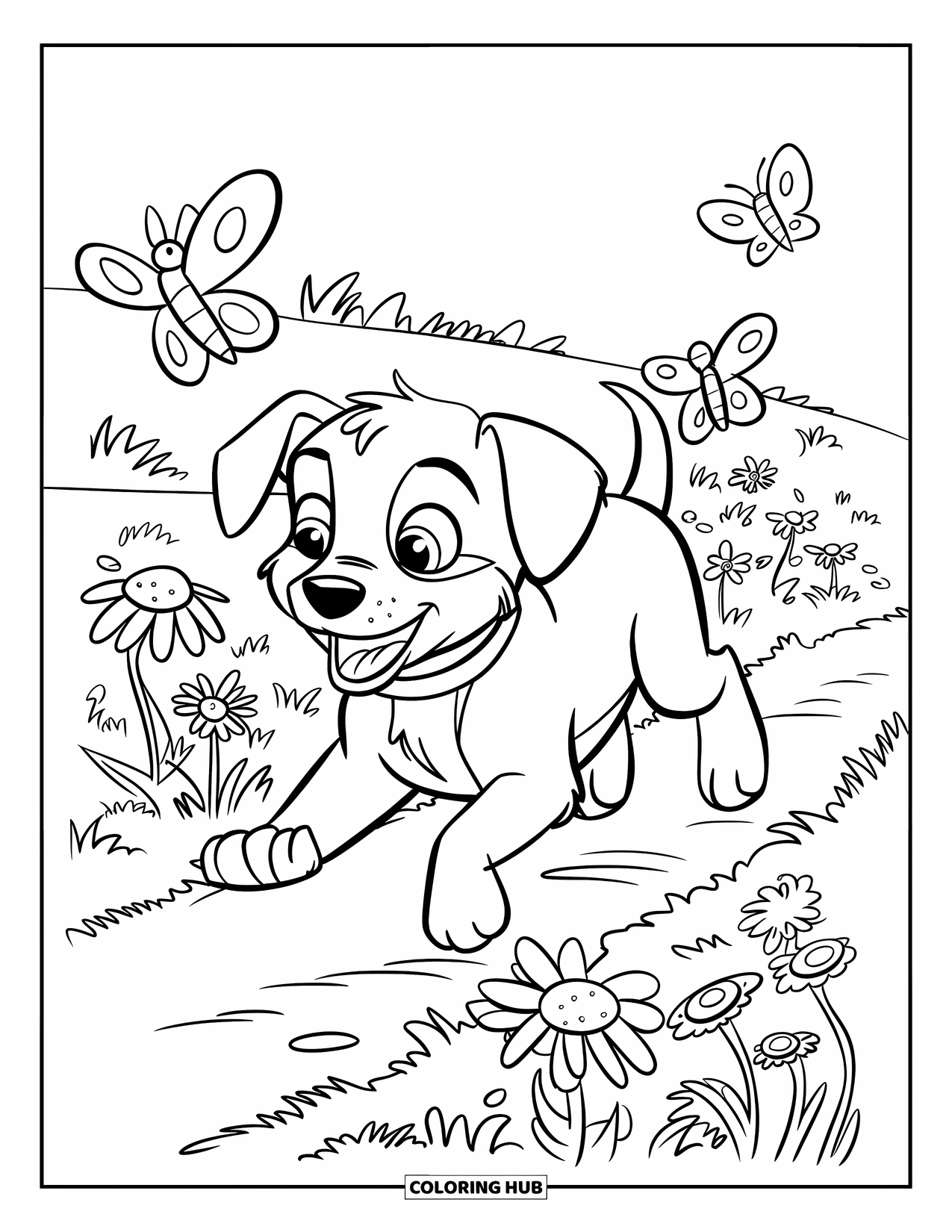 Lente Kleurplaat voor Kinderen: Een blije puppy rent door een veld en probeert fladderende vlinders te vangen