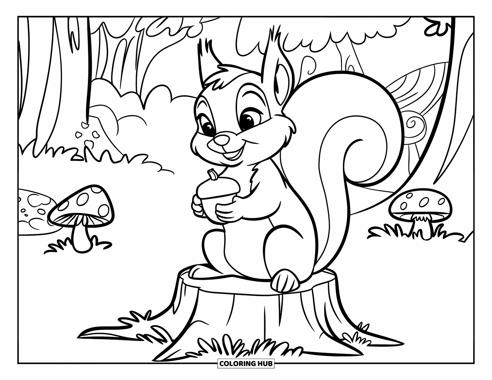 Lente Kleurplaat voor Kinderen: Een vrolijke eekhoorn zit op een boomstronk, houdt een eikel vast en is omringd door paddenstoelen