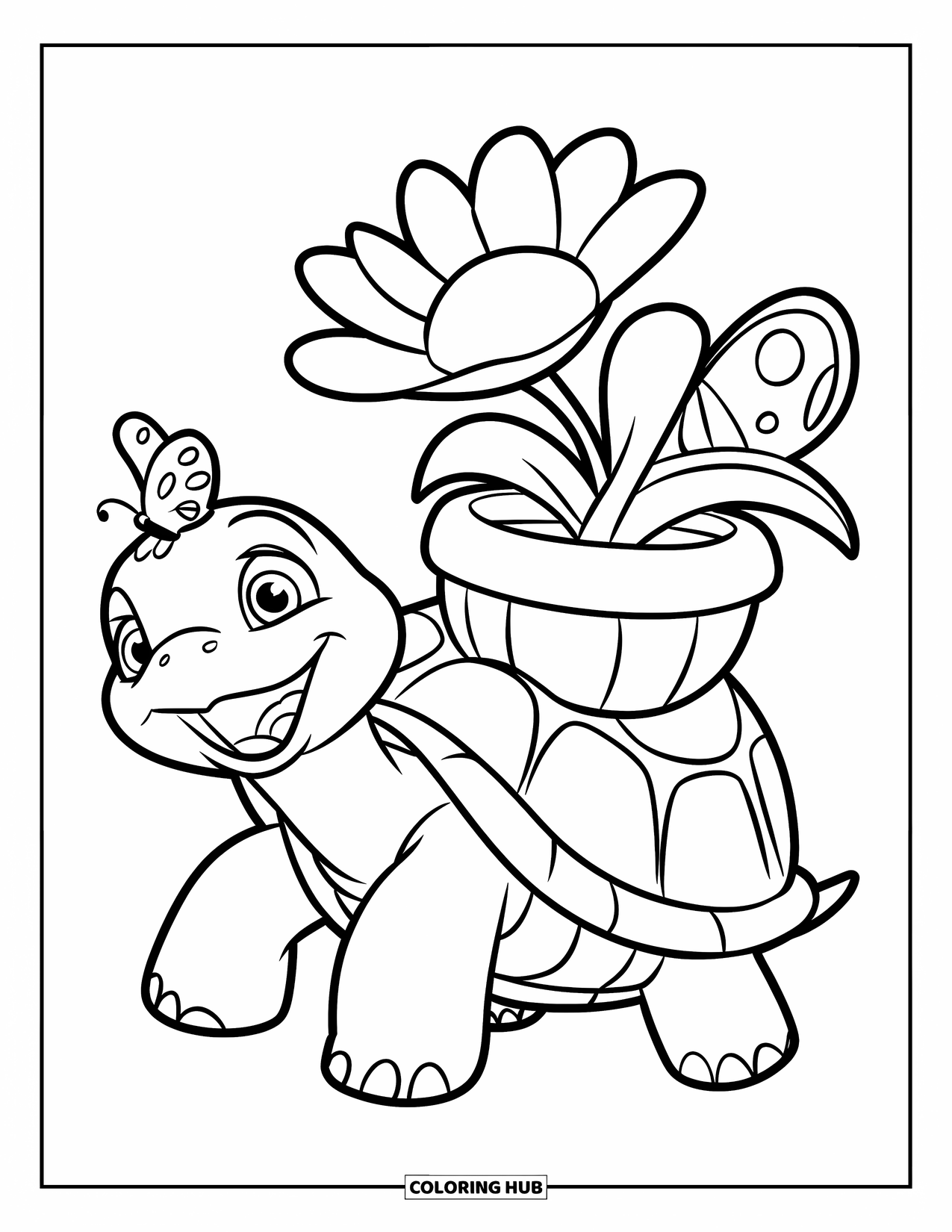 Lente Kleurplaat voor Kinderen: Een blije schildpad draagt een bloempot op zijn schild terwijl een vlinder in de buurt rust