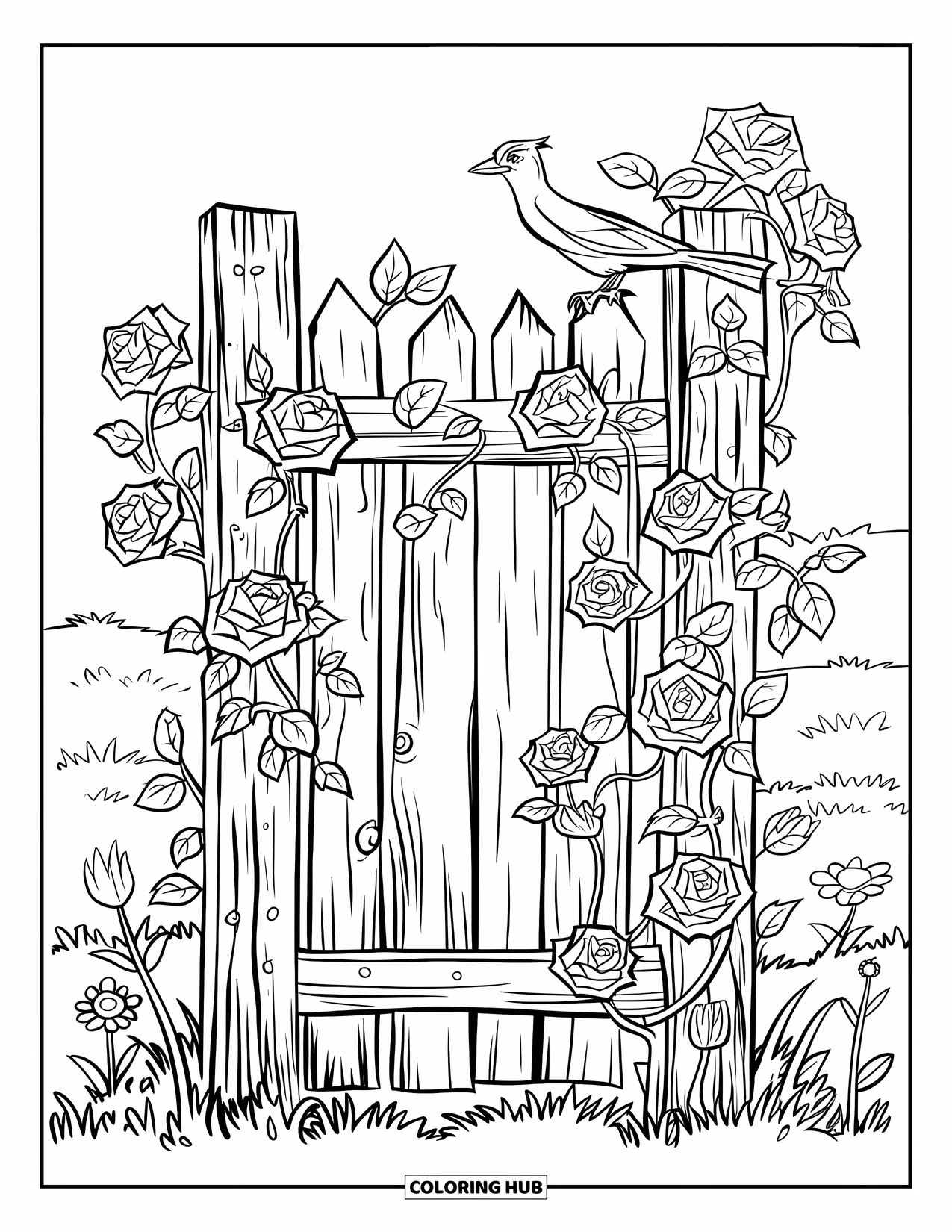 Lente Kleurplaat voor Kinderen: Een hartvormig houten hek met klimrozen en een klein vogeltje dat vredig rust
