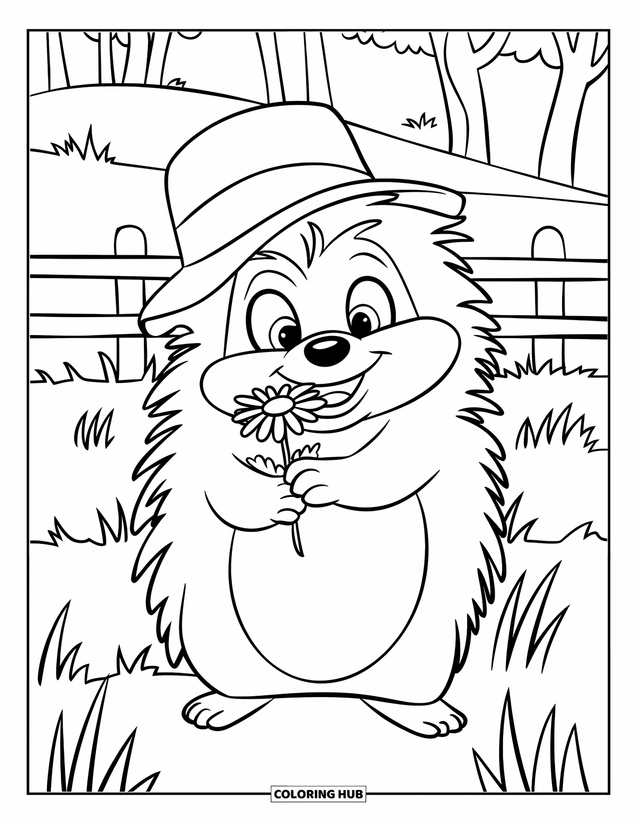 Lente Kleurplaat voor Kinderen: Een egel houdt een klein madeliefje vast terwijl hij in een grasveld staat