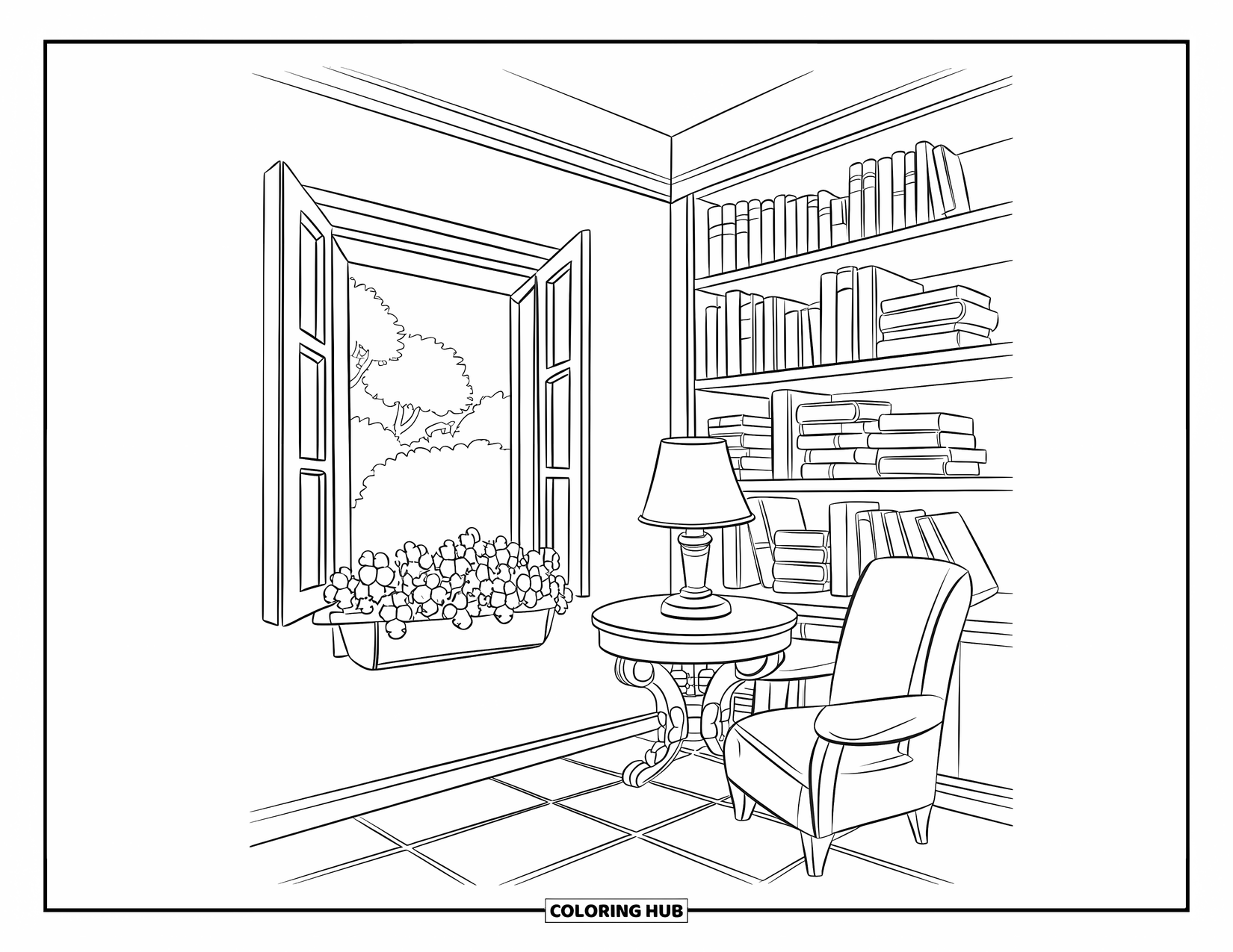 Lente Kleurplaat voor Kinderen: Een bibliotheekhoek met een open raam, een boekenplank en een gezellig leeshoekje