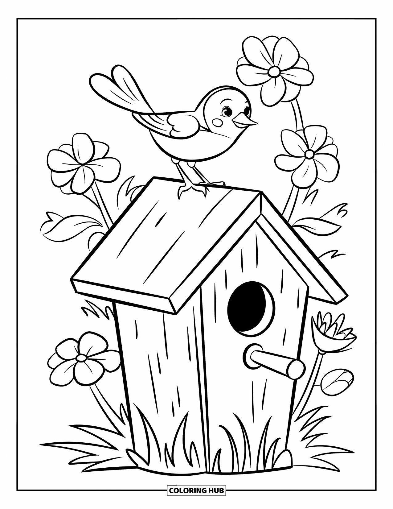 Lente Kleurplaat voor Kinderen: Een klein vogeltje zit op een houten vogelhuisje, omringd door bloeiende lentebloemen