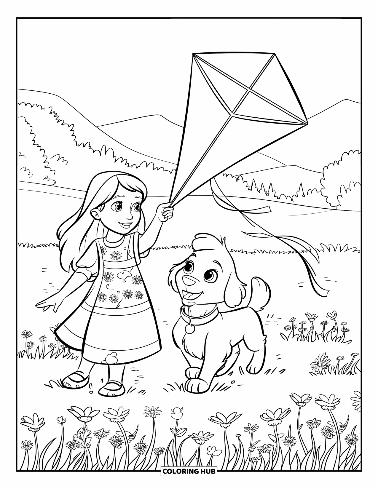 Lente Kleurplaat voor Kinderen: Een klein meisje en haar hond laten een vlieger op in een veld vol wilde bloemen