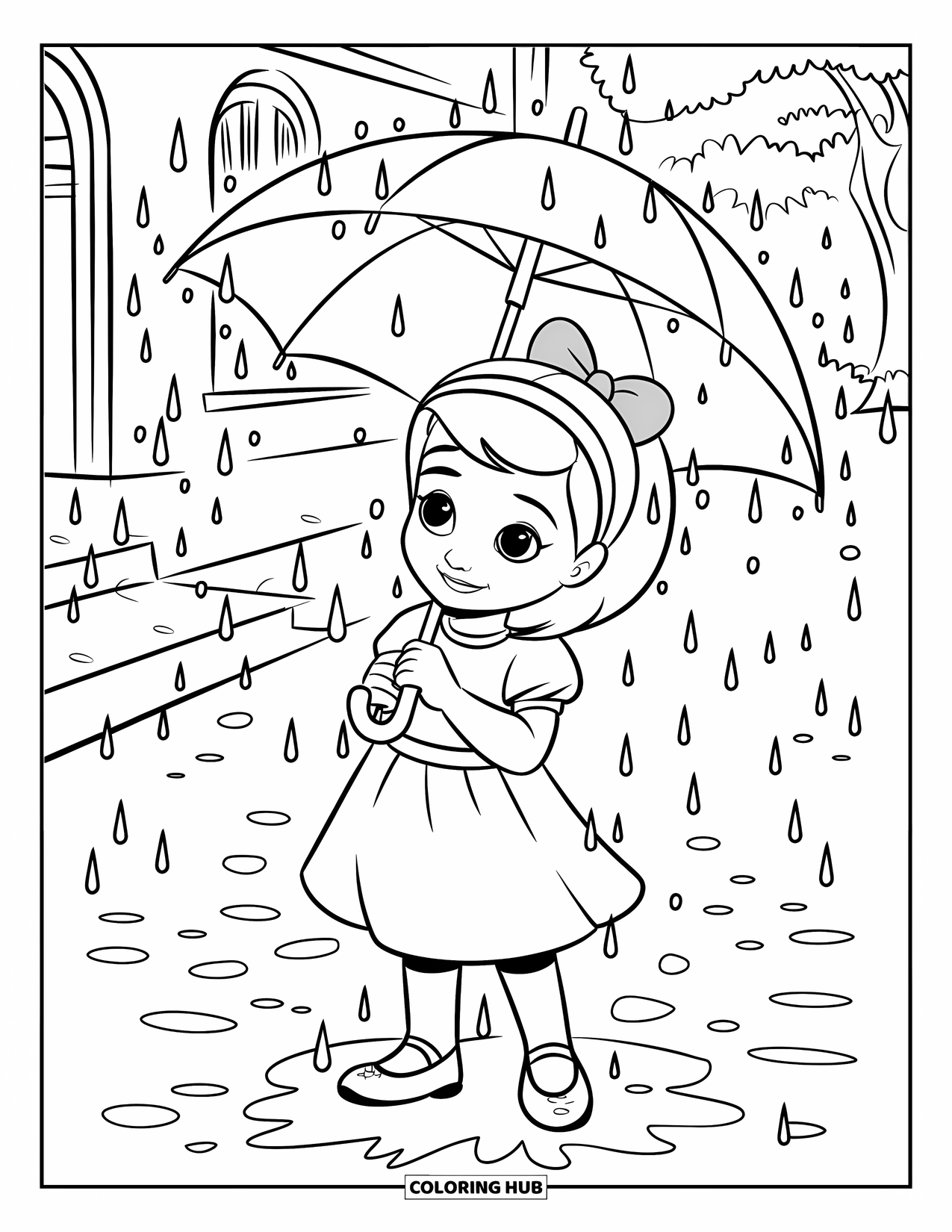 Lente Kleurplaat voor Kinderen: Een klein meisje met een paraplu kijkt toe hoe regendruppels op het geplaveide pad spatten