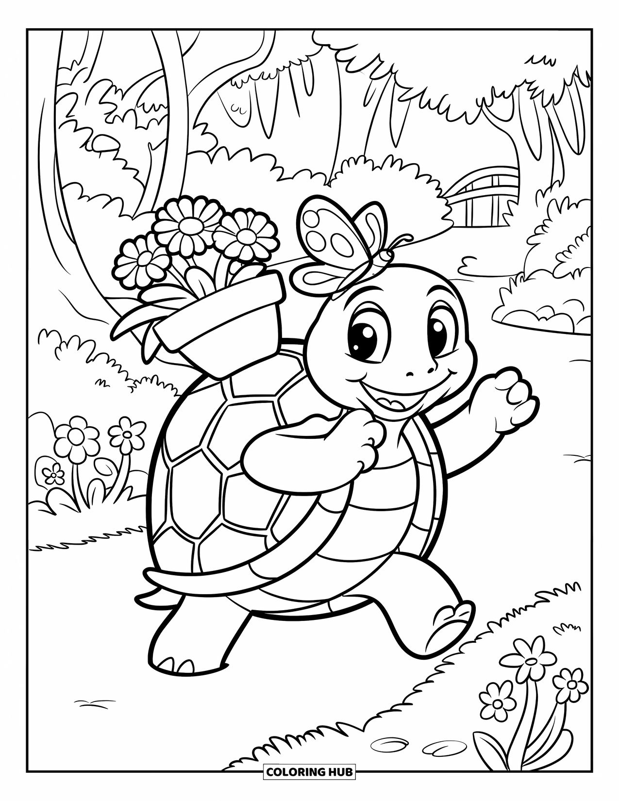 Lente Kleurplaat voor Kinderen: Een kleine schildpad wandelt met een bloempot op zijn schild en een vlinder in de buurt