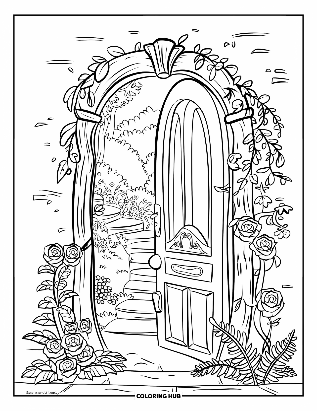 Lente Kleurplaat voor Kinderen: Een magische geheime tuindeur, iets open, met wijnranken en bloemen eromheen