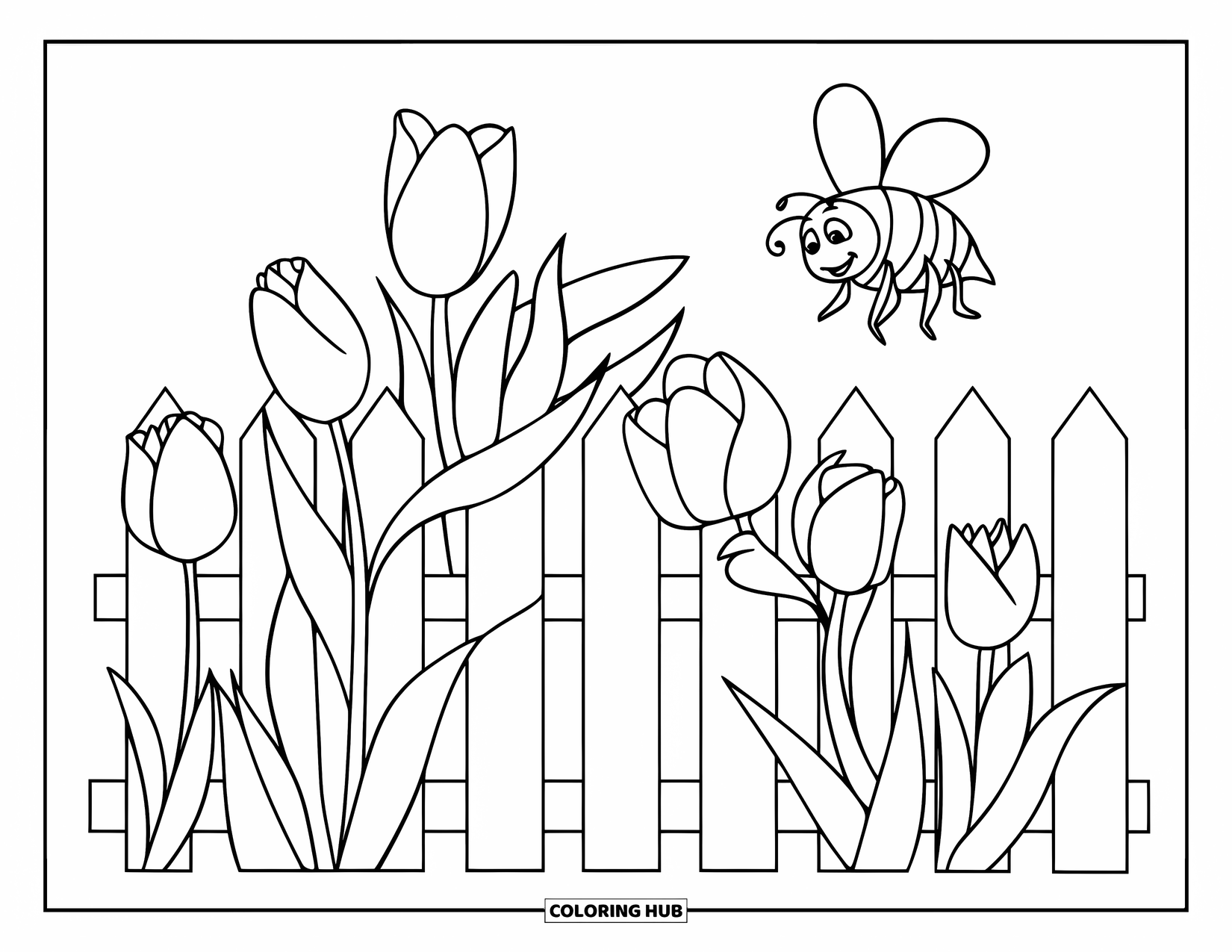 Lente Kleurplaat voor Kinderen: Een net hek met hoge tulpen en een nieuwsgierige bij die rondzoemt