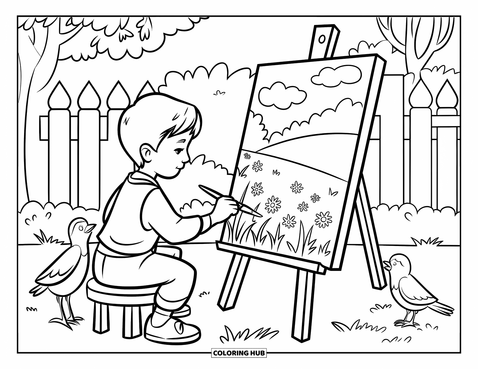 Lente Kleurplaat voor Kinderen: Een schilder legt een lenteweide vast op doek, omringd door vogels en bomen