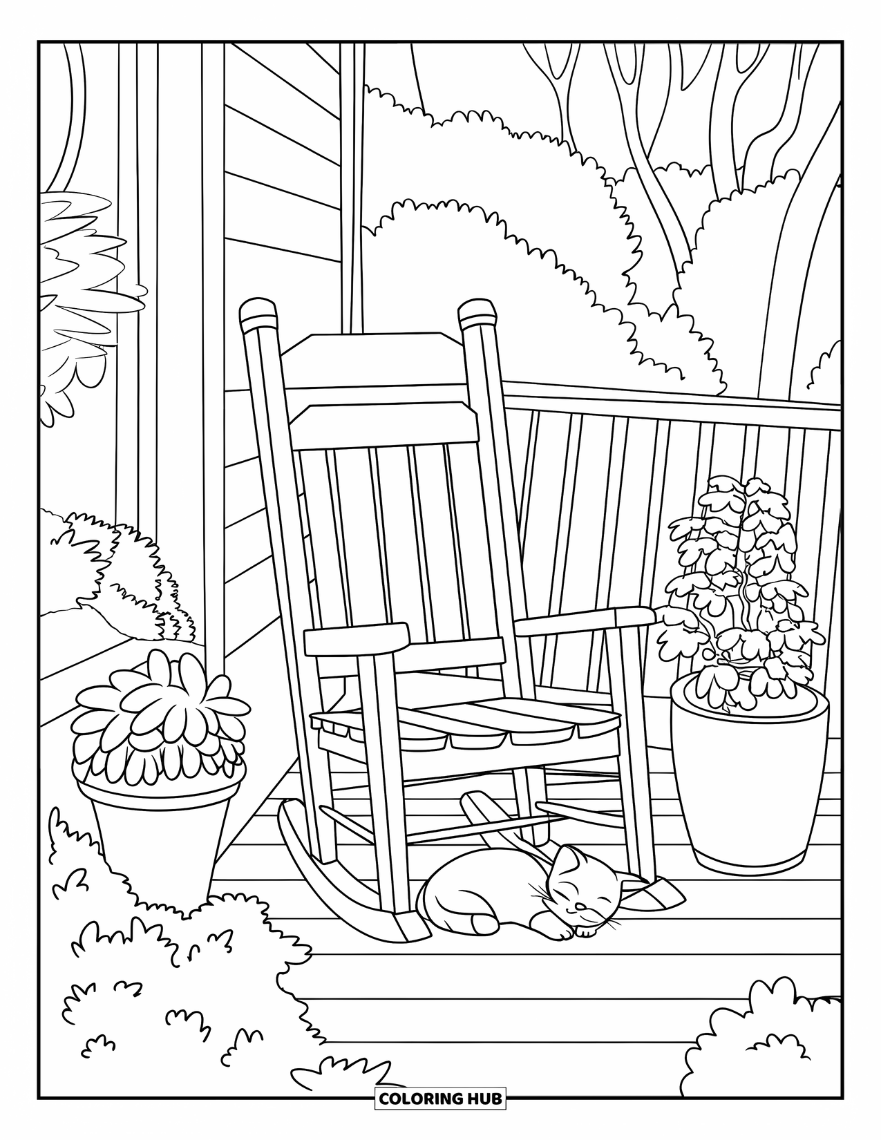 Lente Kleurplaat voor Kinderen: Een vredige veranda met een schommelstoel en een kat die in de buurt ligt te slapen