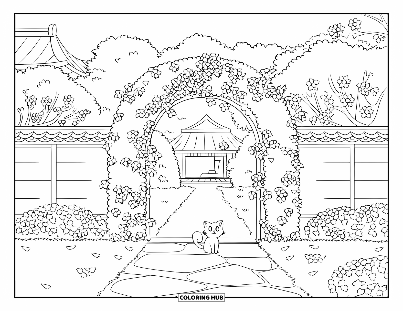 Lente Kleurplaat voor Kinderen: Een vredige tuinboog bedekt met klimop, met een kat die op een stenen voet rust